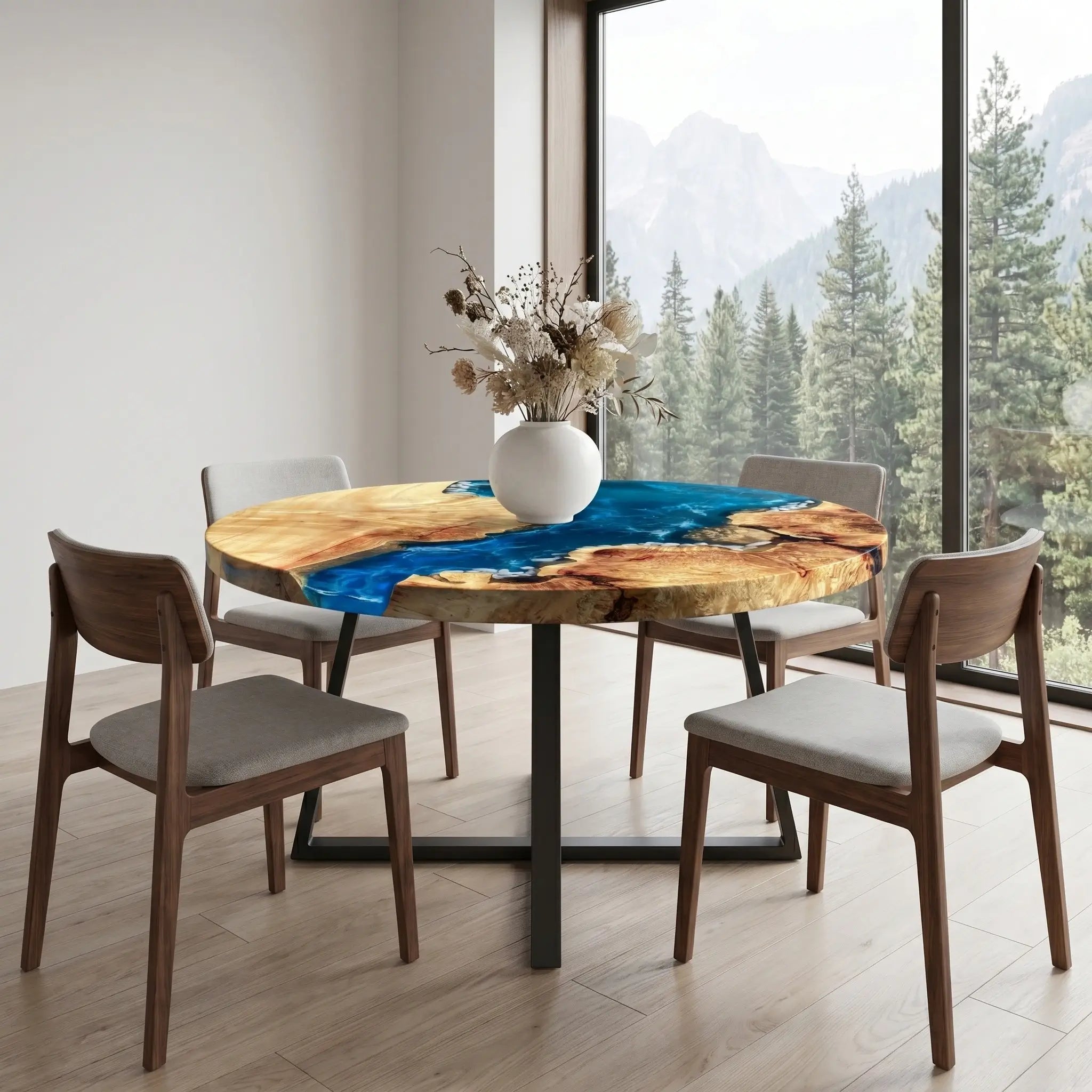 Custom Poplar Epoxy Resin Round Coffee Table Blue Waves