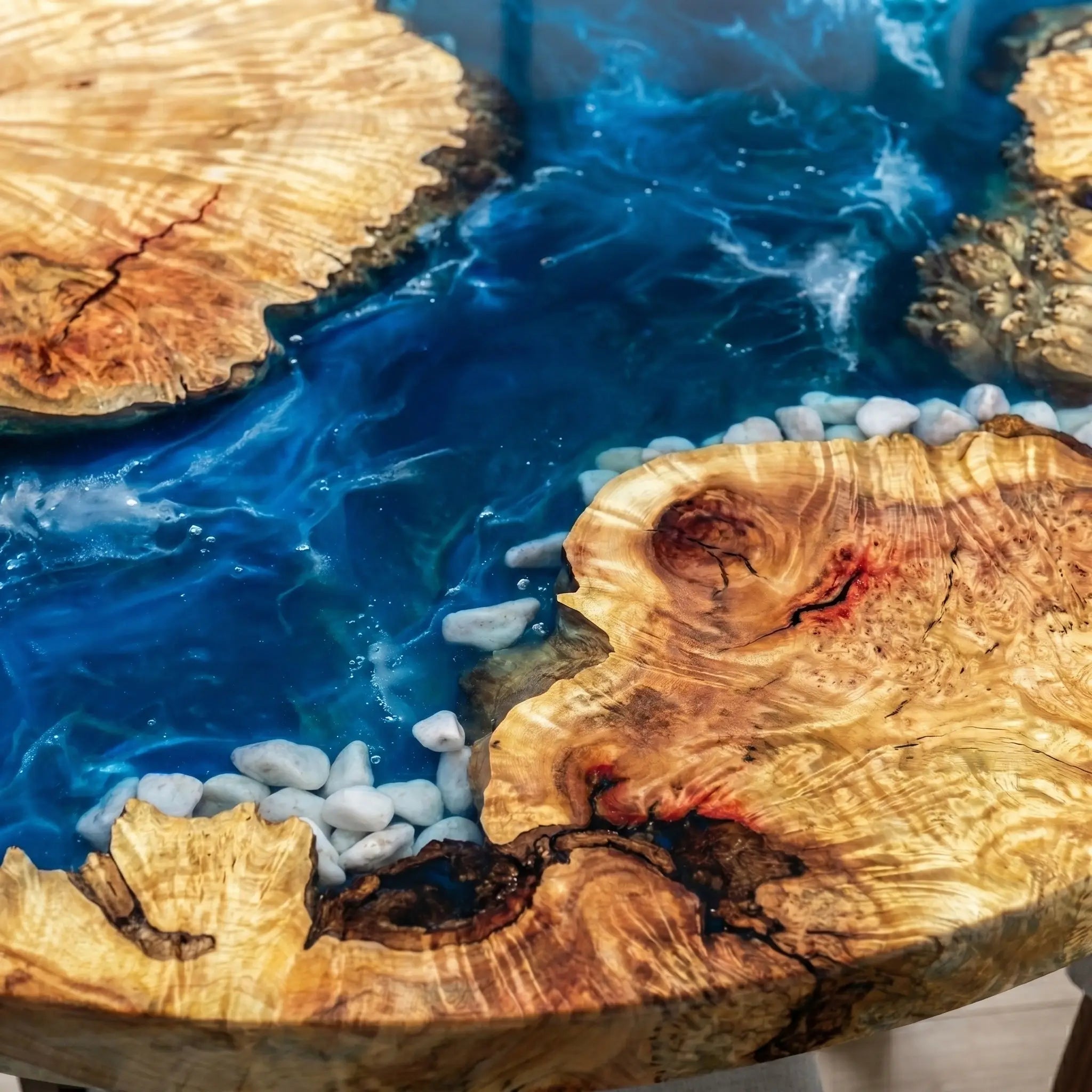Custom Poplar Epoxy Resin Round Coffee Table Blue Waves