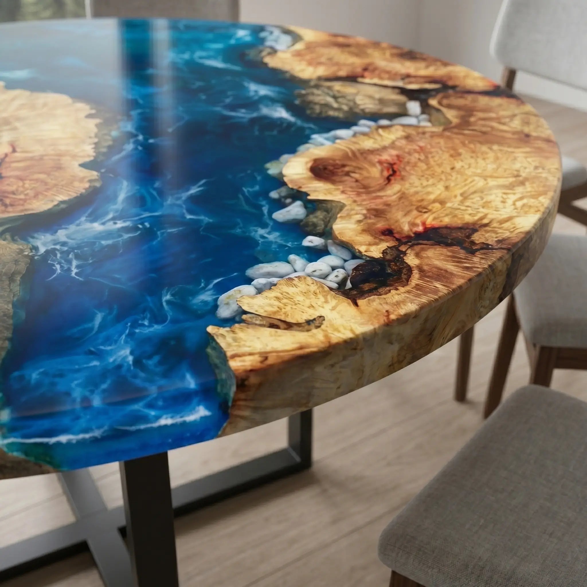 Custom Poplar Epoxy Resin Round Coffee Table Blue Waves