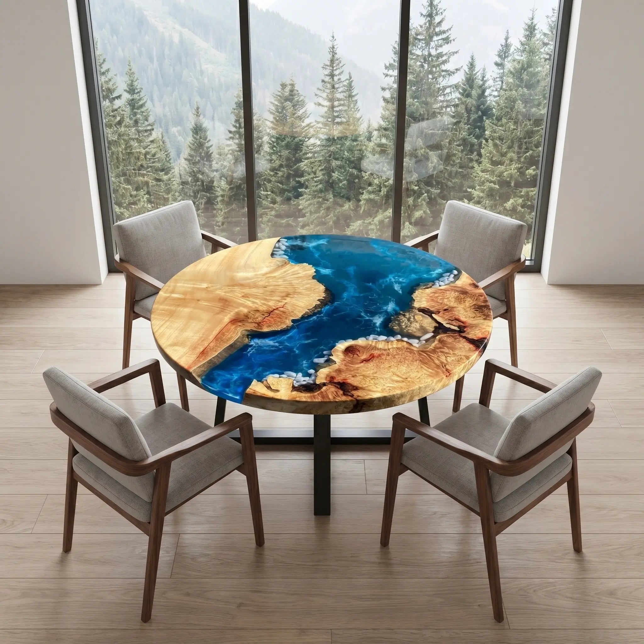 Custom Poplar Epoxy Resin Round Coffee Table Blue Waves