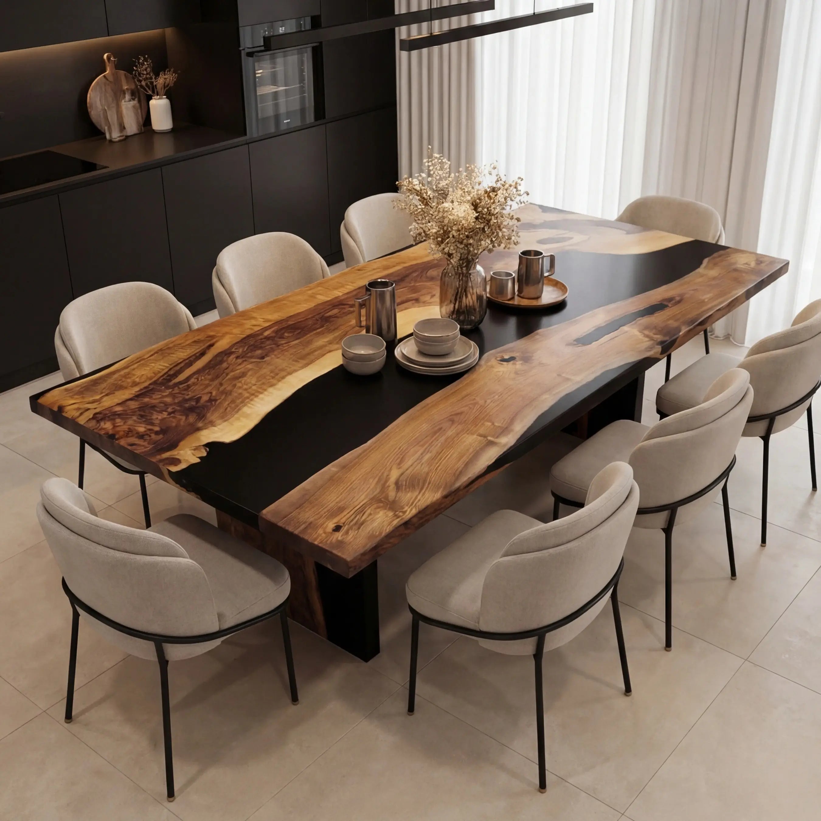 Custom Walnut Epoxy Resin River Table Black Resin ERT-99 - image 1 | ThawHome