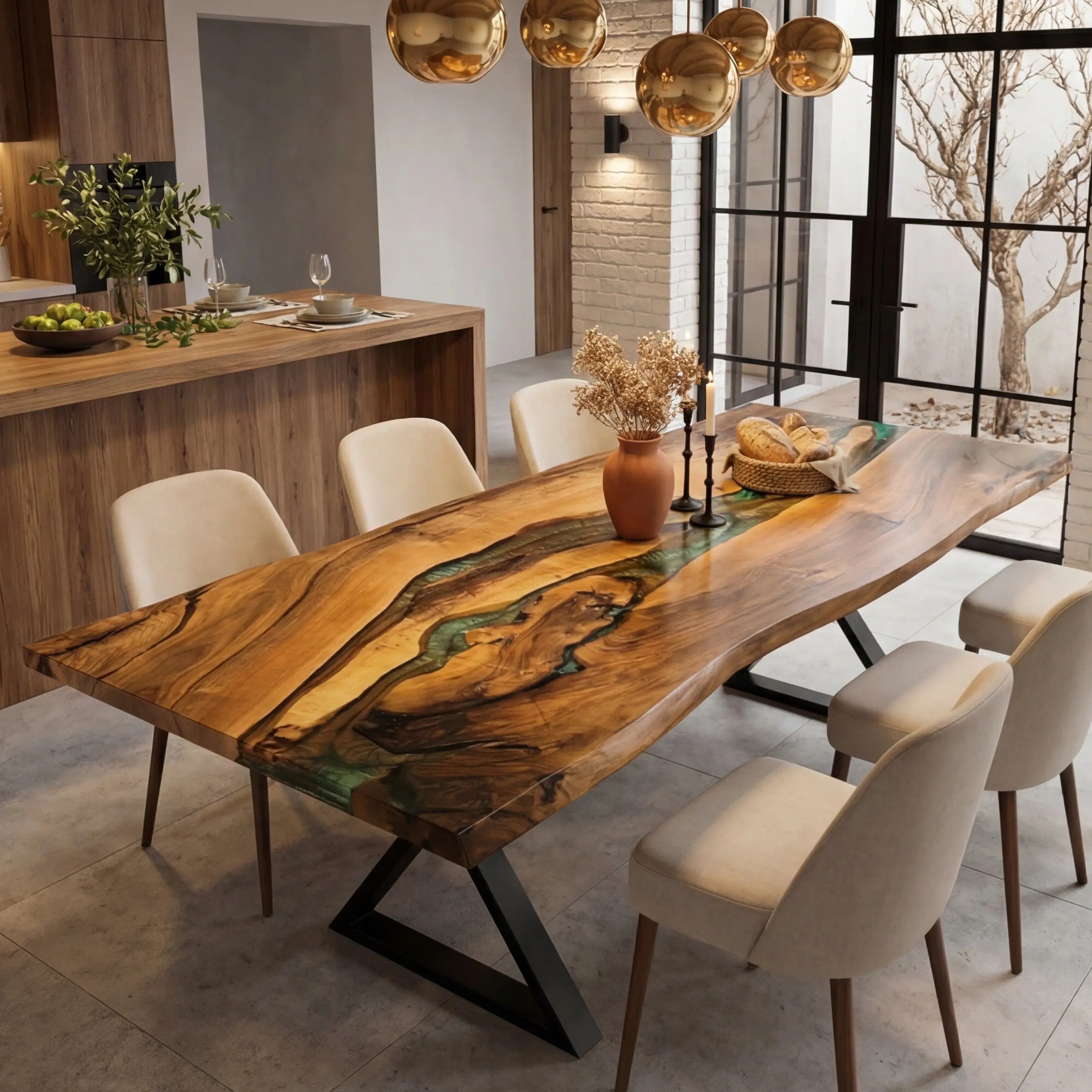 Custom Walnut Epoxy Resin River Table Green Resin QTR-84 - image 1 | ThawHome