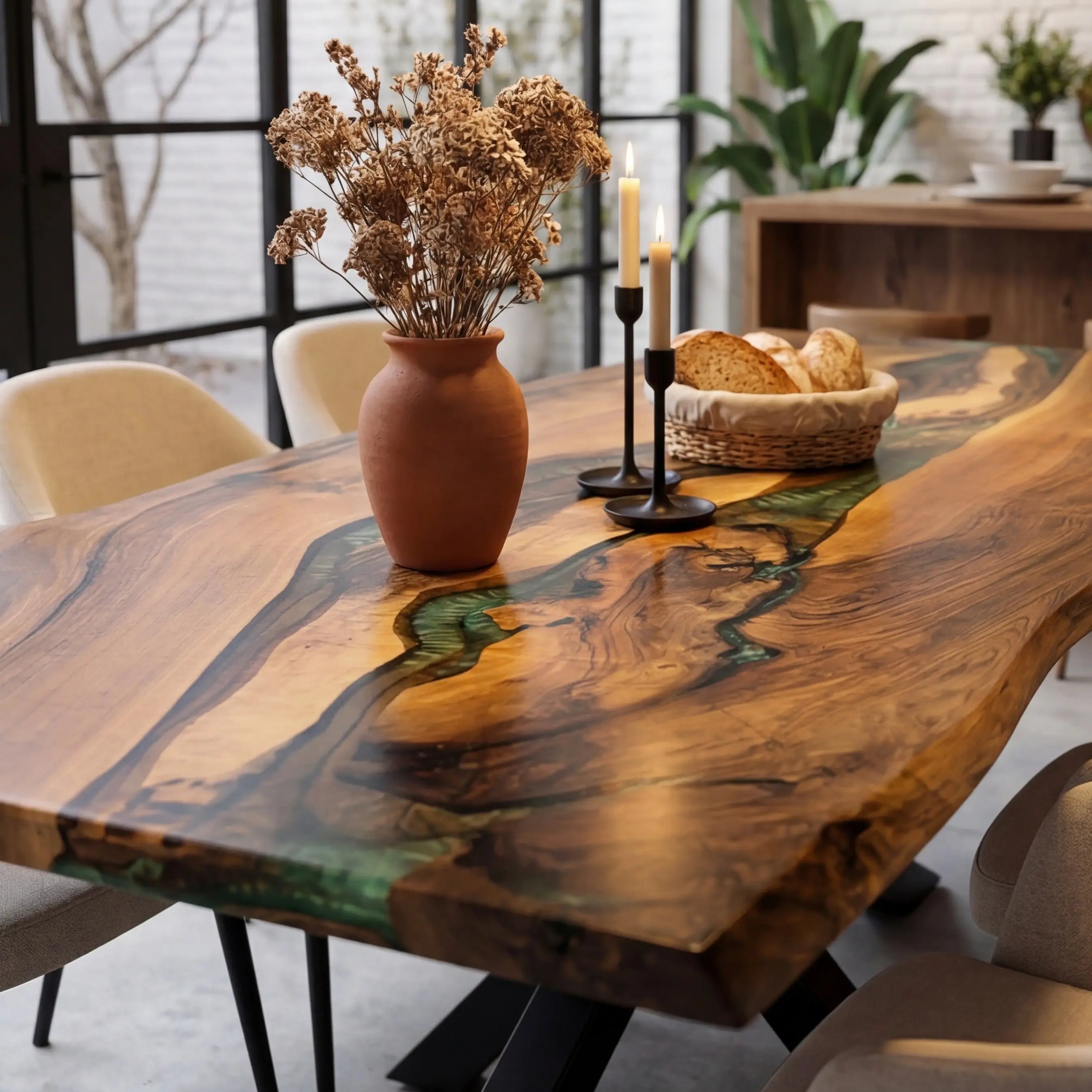 Custom Walnut Epoxy Resin River Table Green Resin QTR-84 - image 3 | ThawHome