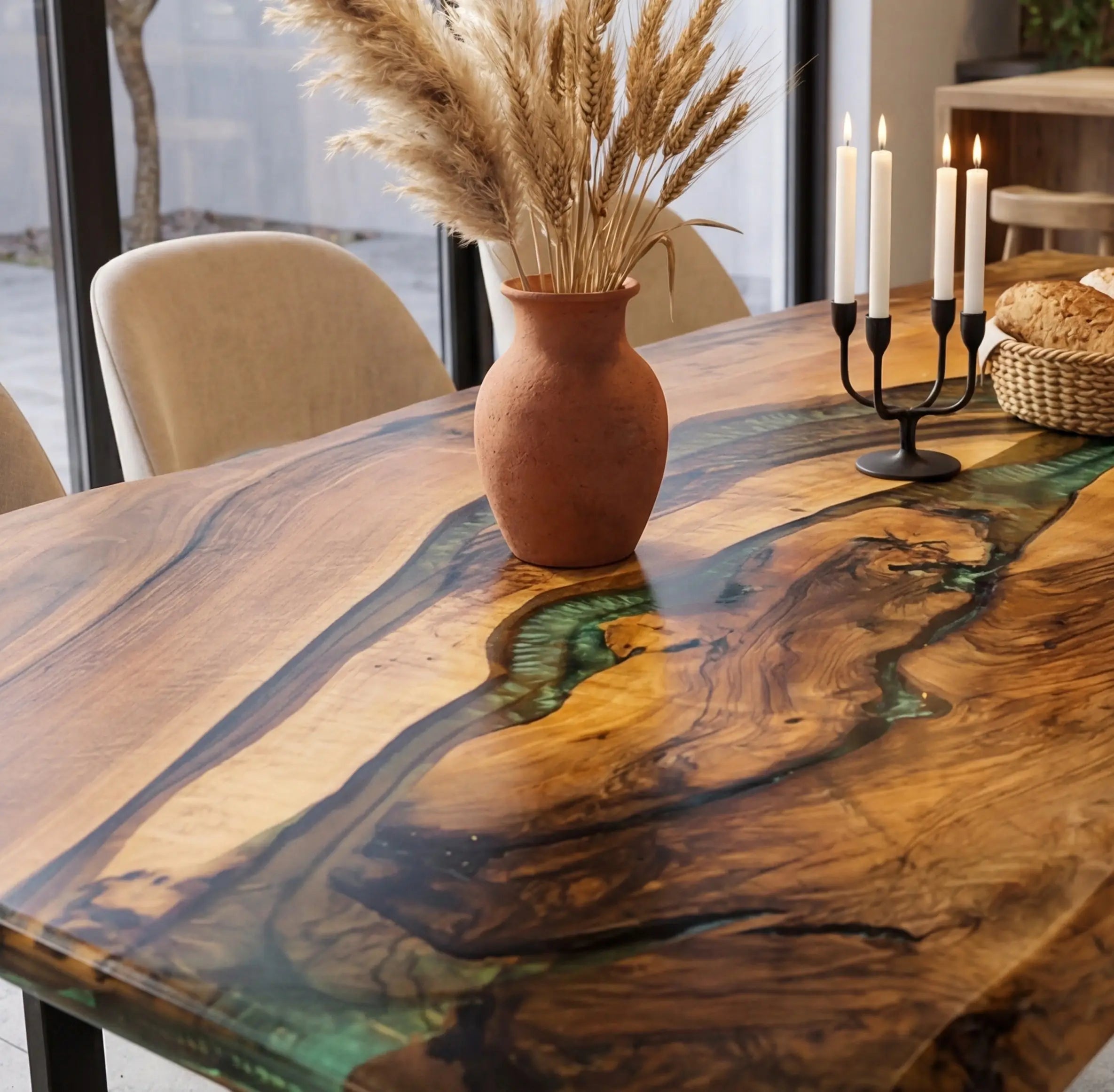Custom Walnut Epoxy Resin River Table Green Resin QTR-84 - image 4 | ThawHome
