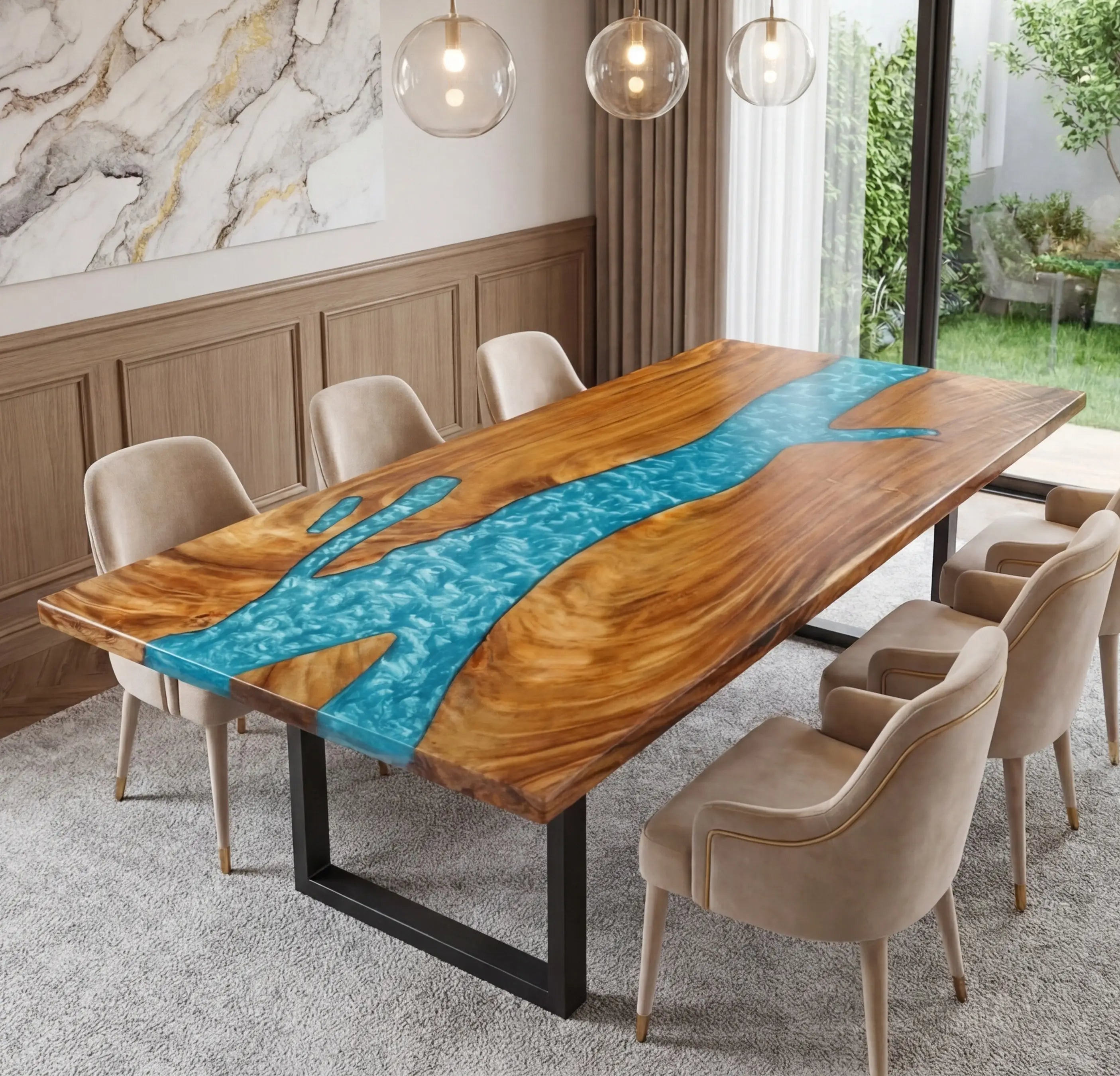 Custom Walnut Epoxy Resin River Table Mint Blue ERT-55 - image 2 | ThawHome