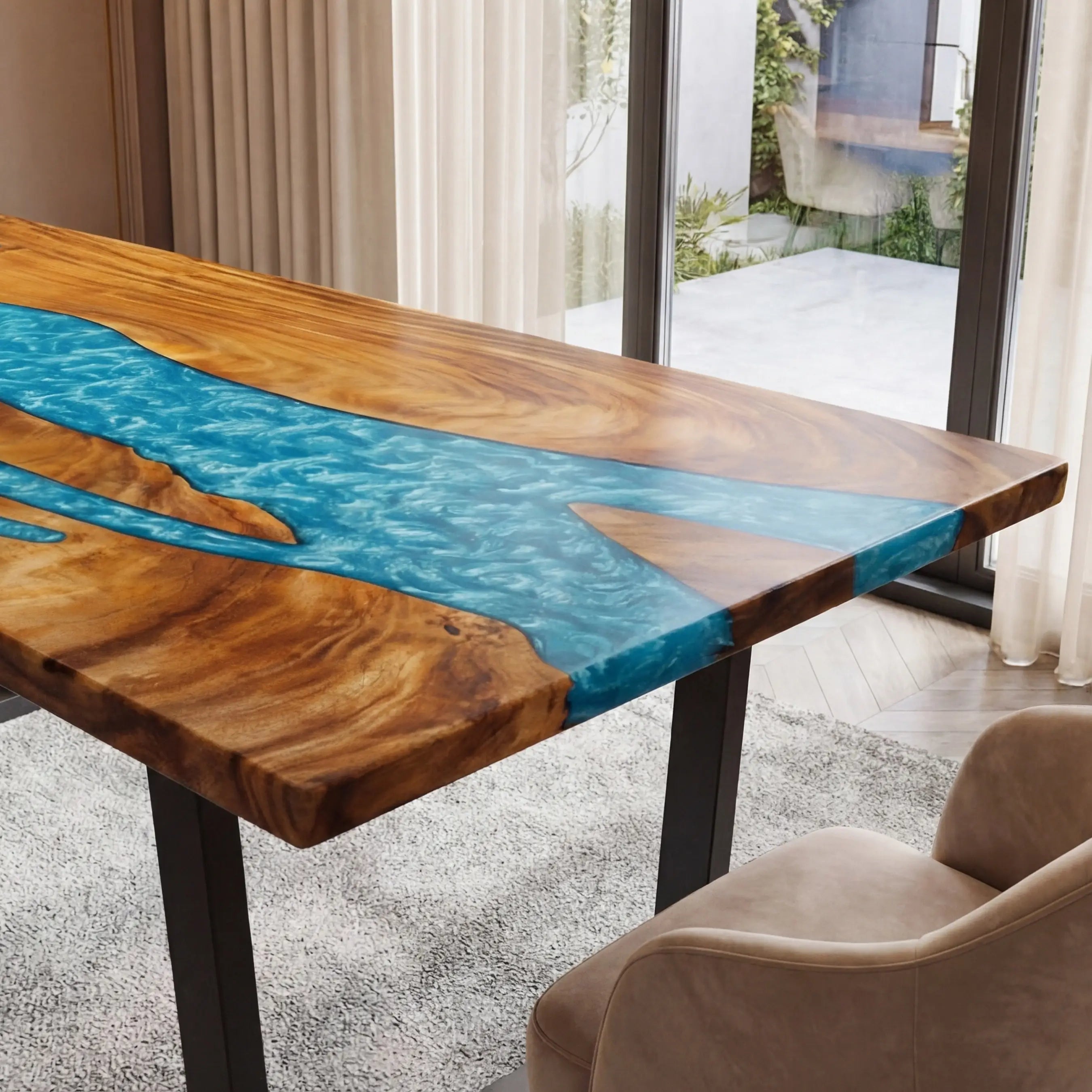Custom Walnut Epoxy Resin River Table Mint Blue ERT-55 - image 3 | ThawHome