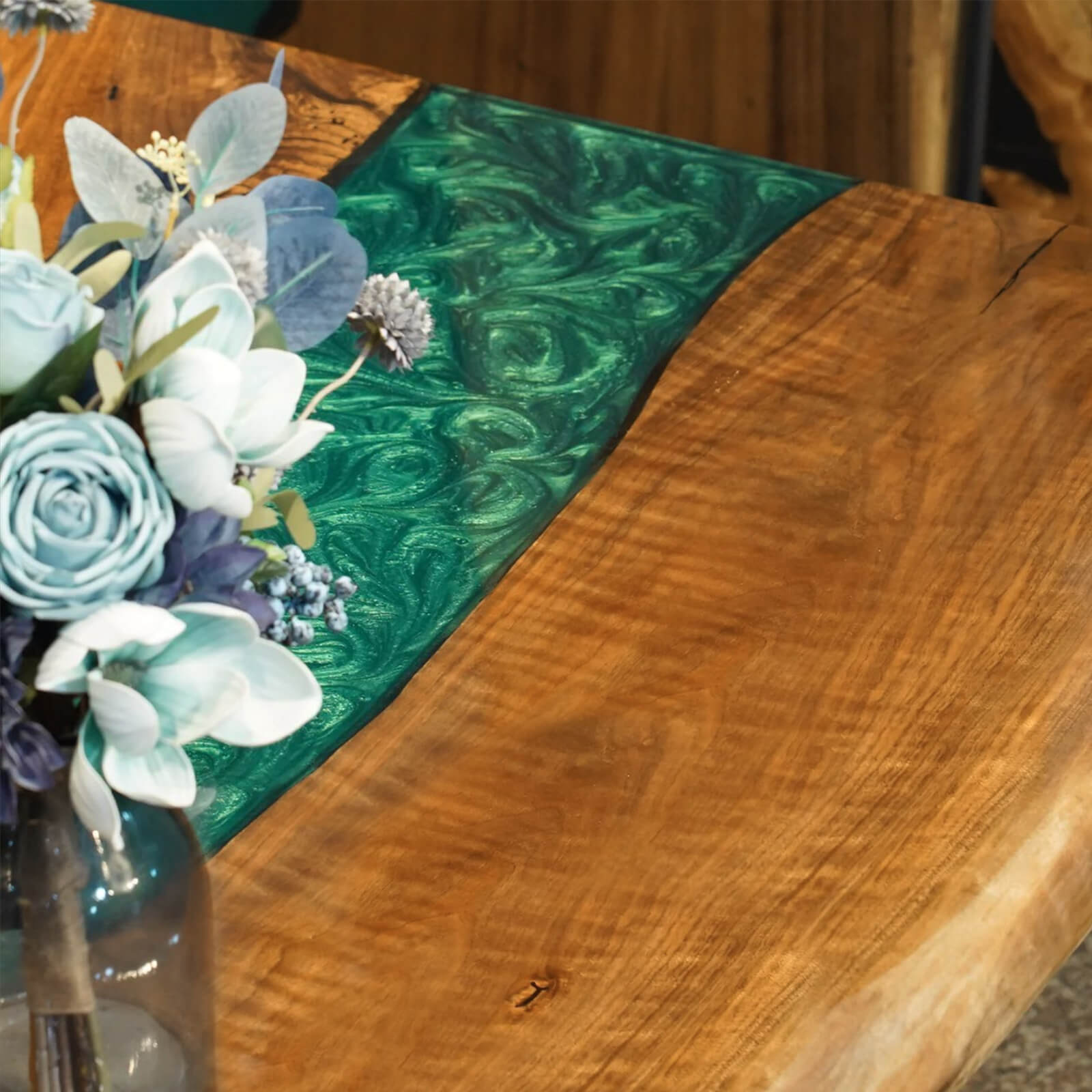 Custom Walnut Epoxy Resin River Table Mint Green Resin ERT-90 - image 5 | ThawHome