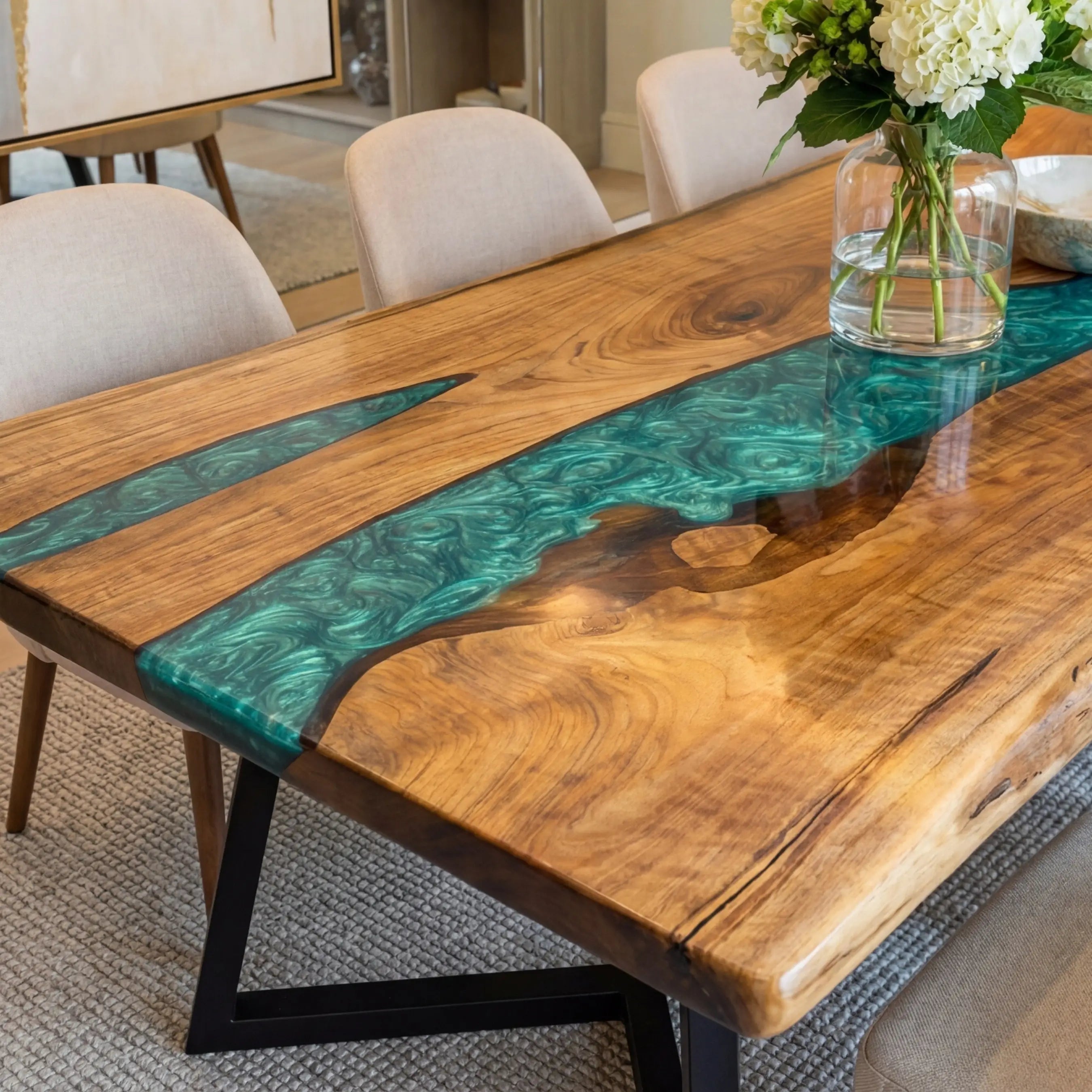 Custom Walnut Epoxy Resin River Table Mint Green Resin ERT-90 - image 7 | ThawHome