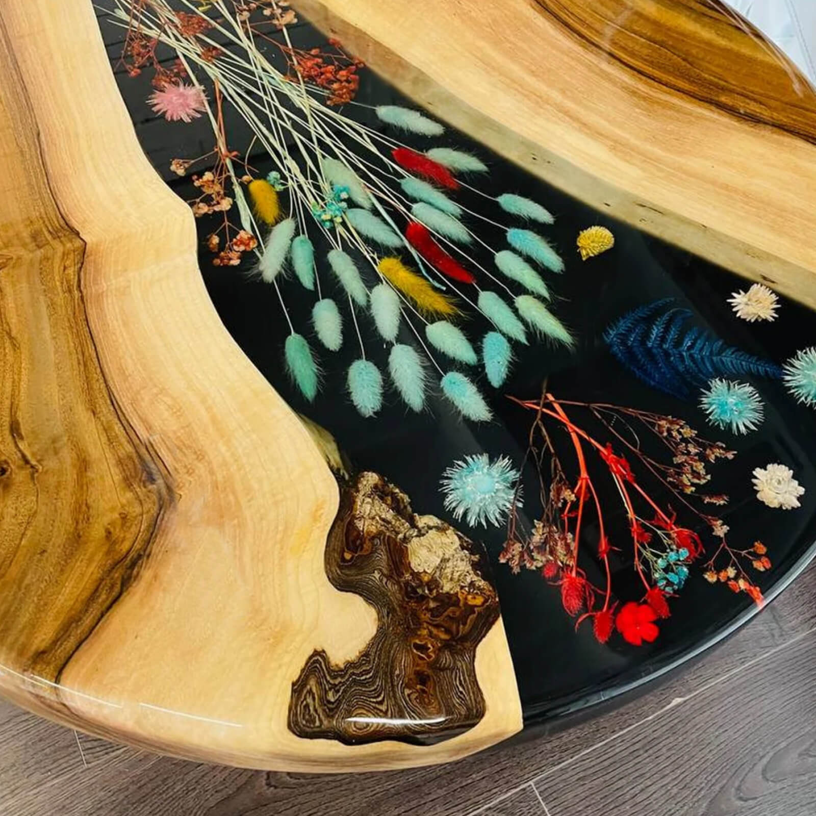 Custom Walnut Epoxy Resin Round Flower Coffee Table Black Resin