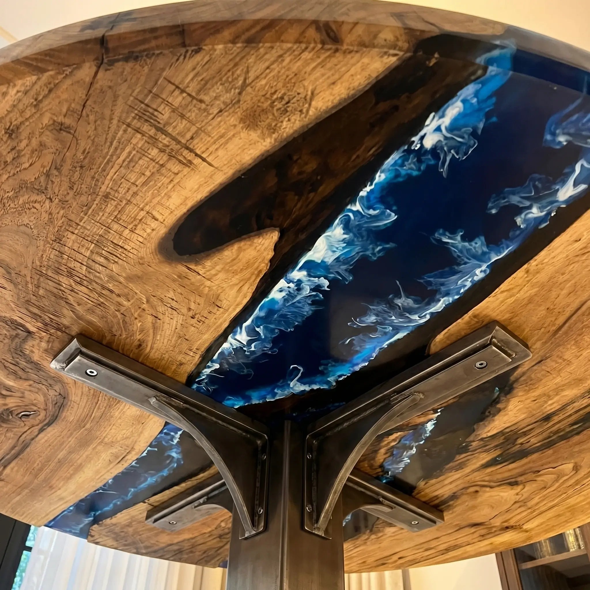 Custom Walnut Epoxy Resin Round Coffee Table Blue Ocean