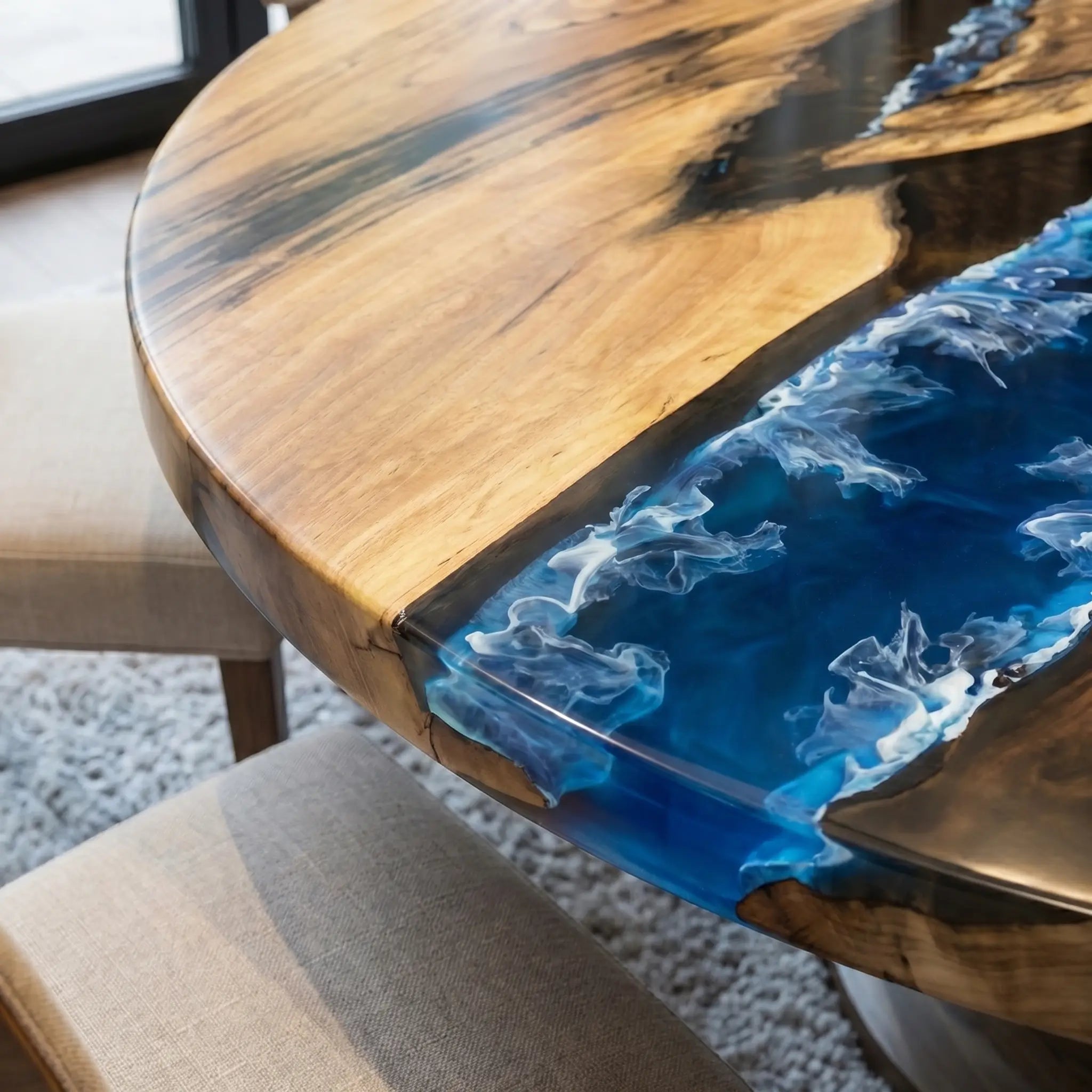 Custom Walnut Epoxy Resin Round Coffee Table Blue Ocean