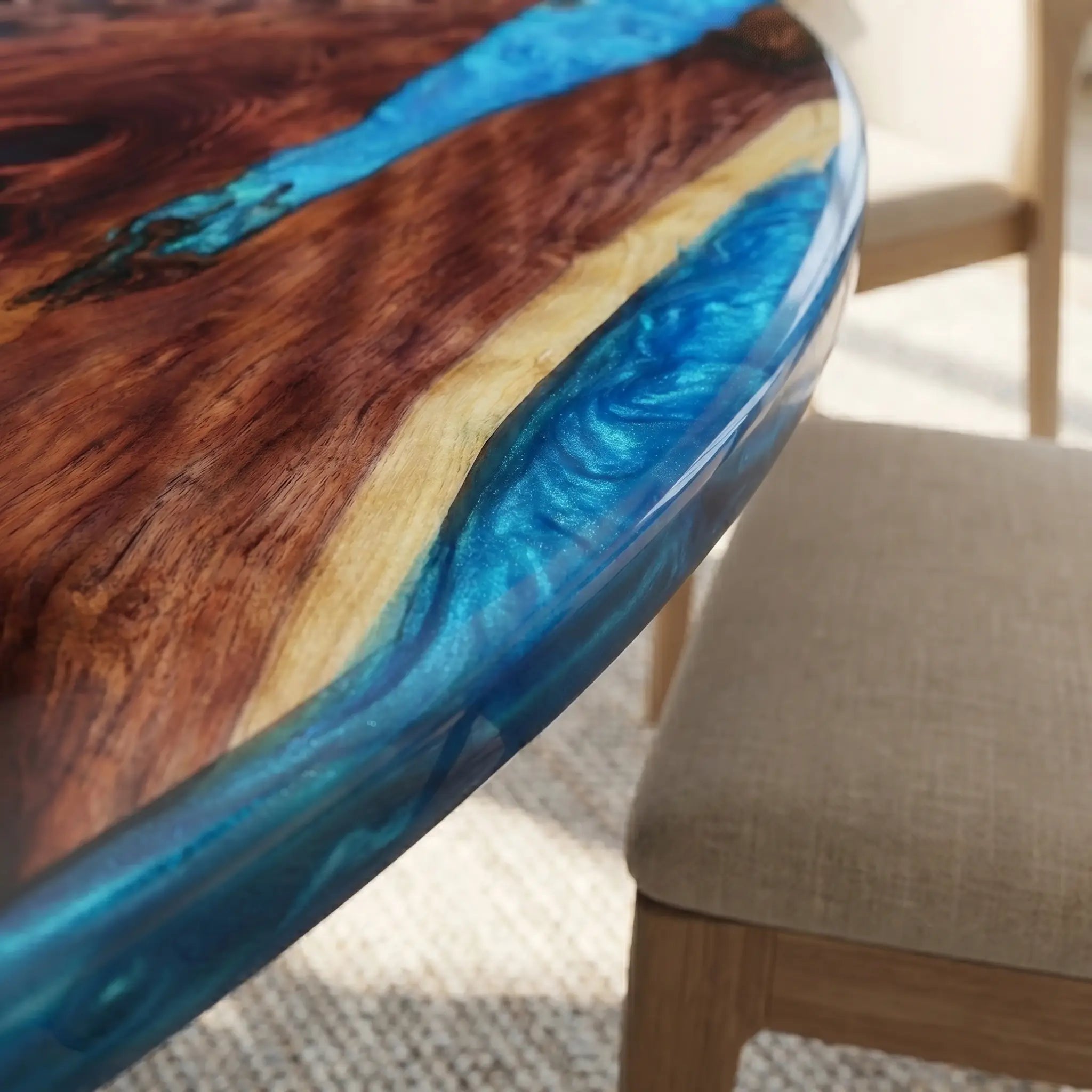 Custom Walnut Epoxy Resin Round Coffee Table Blue Resin