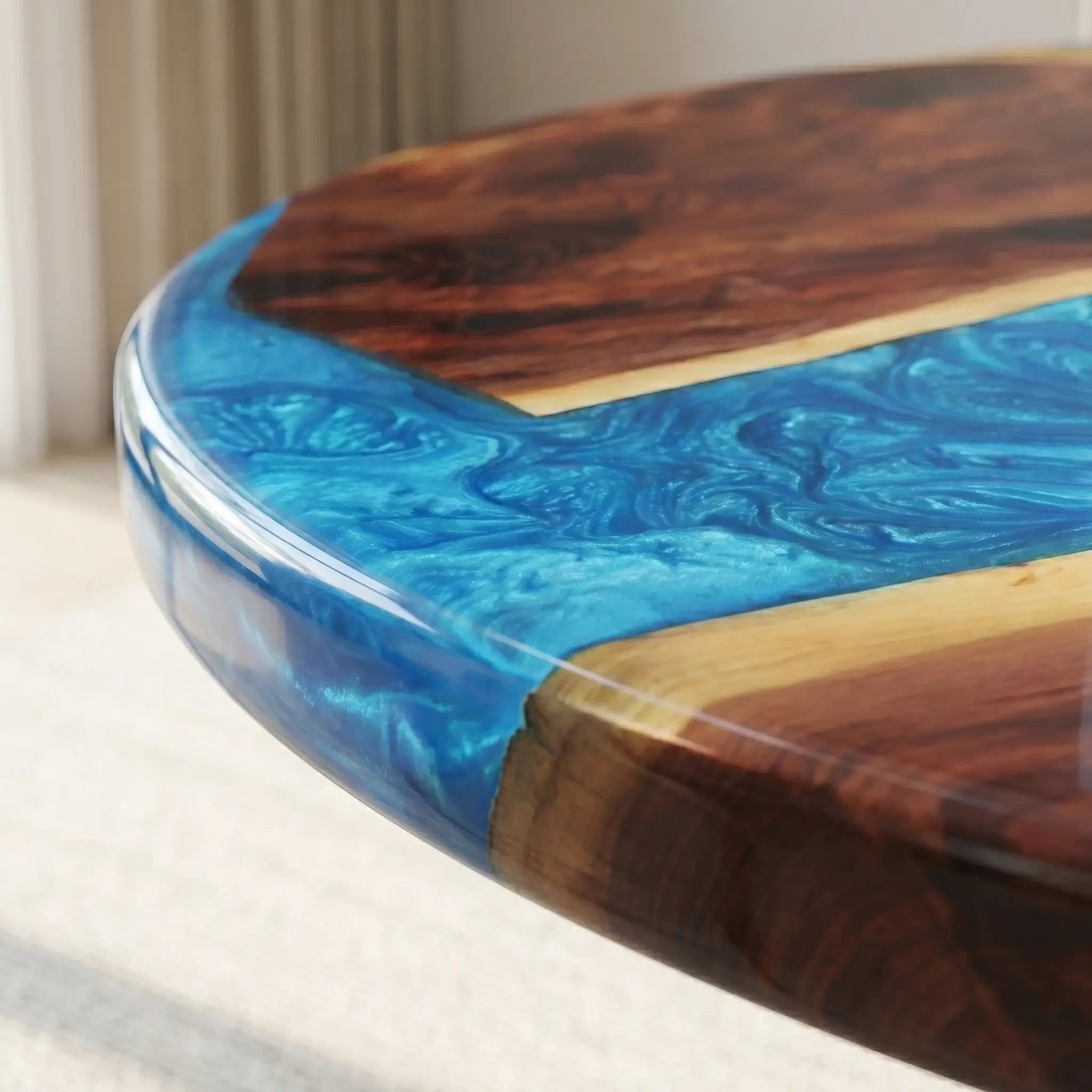 Custom Walnut Epoxy Resin Round Coffee Table Blue Resin