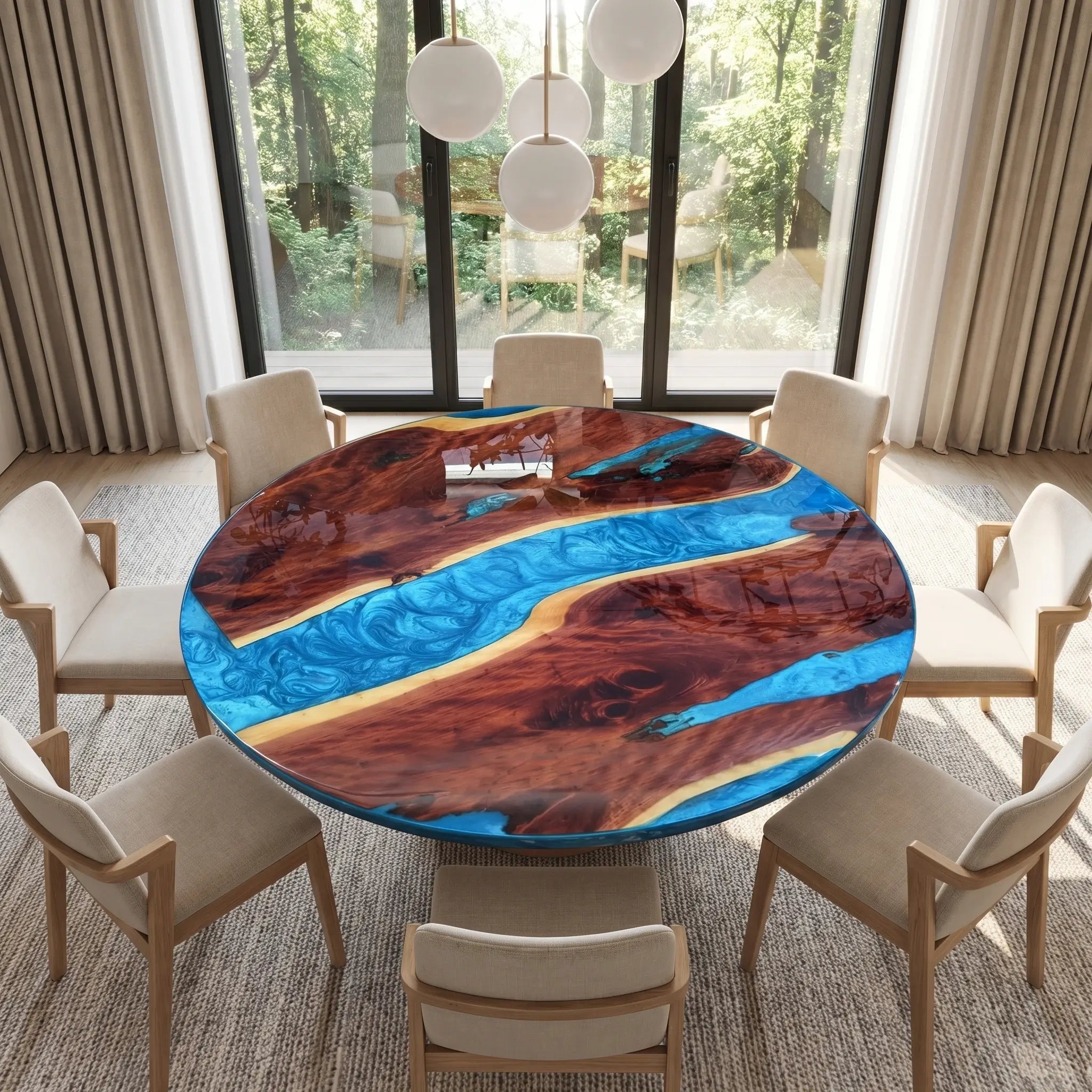Custom Walnut Epoxy Resin Round Coffee Table Blue Resin