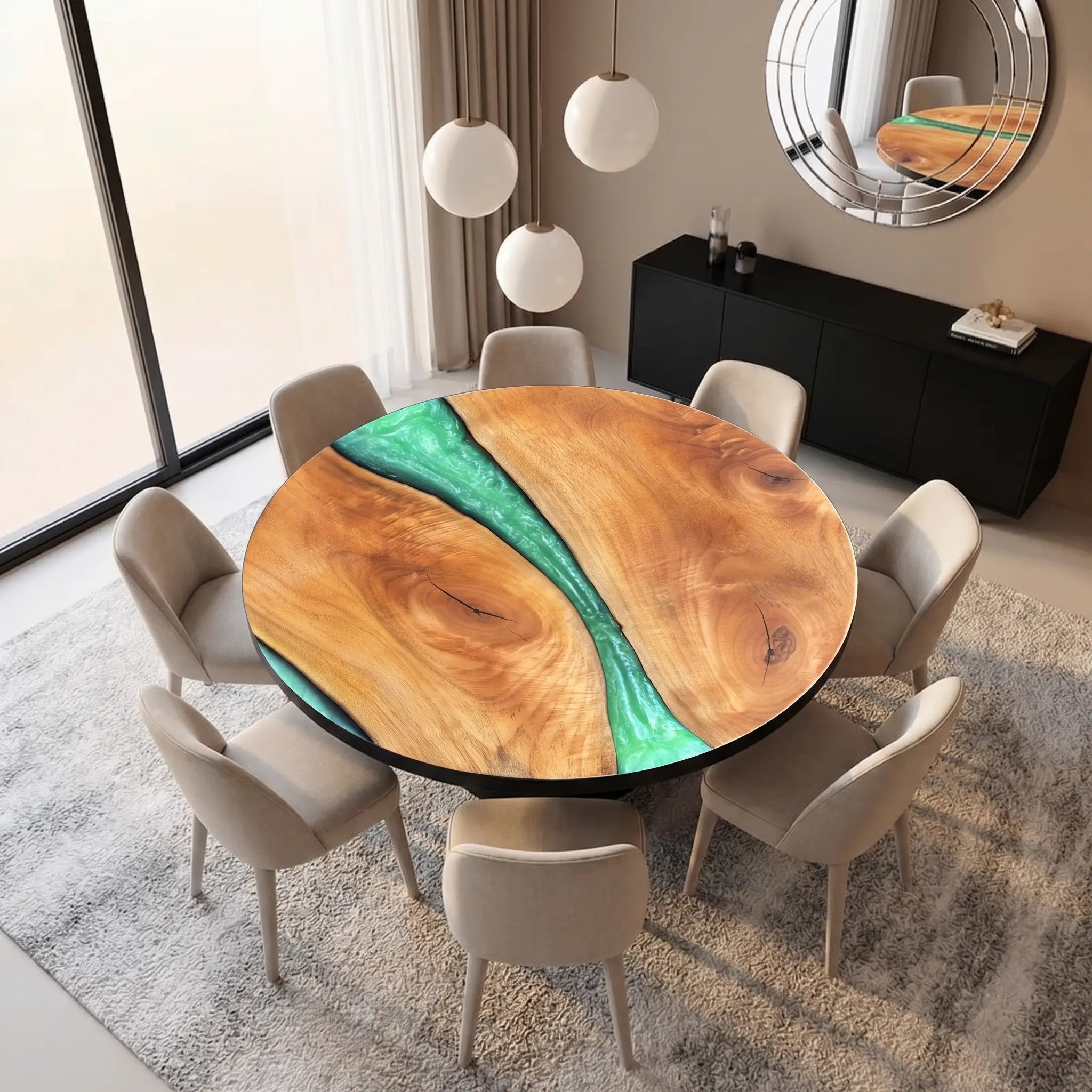 Custom Walnut Epoxy Resin Round Coffee Table Green Resin