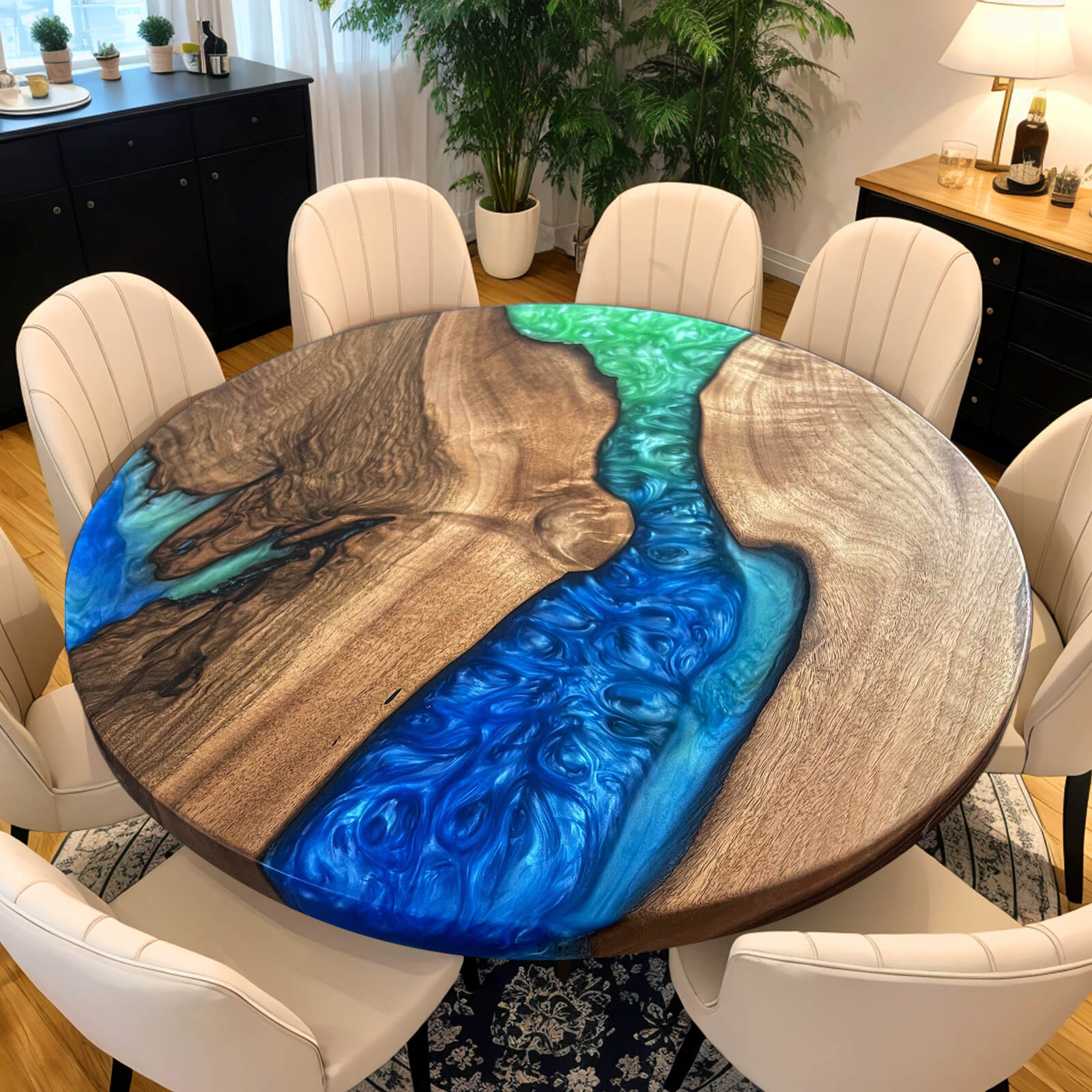 Custom Walnut Epoxy Resin Round Coffee Table Green&Blue Resin