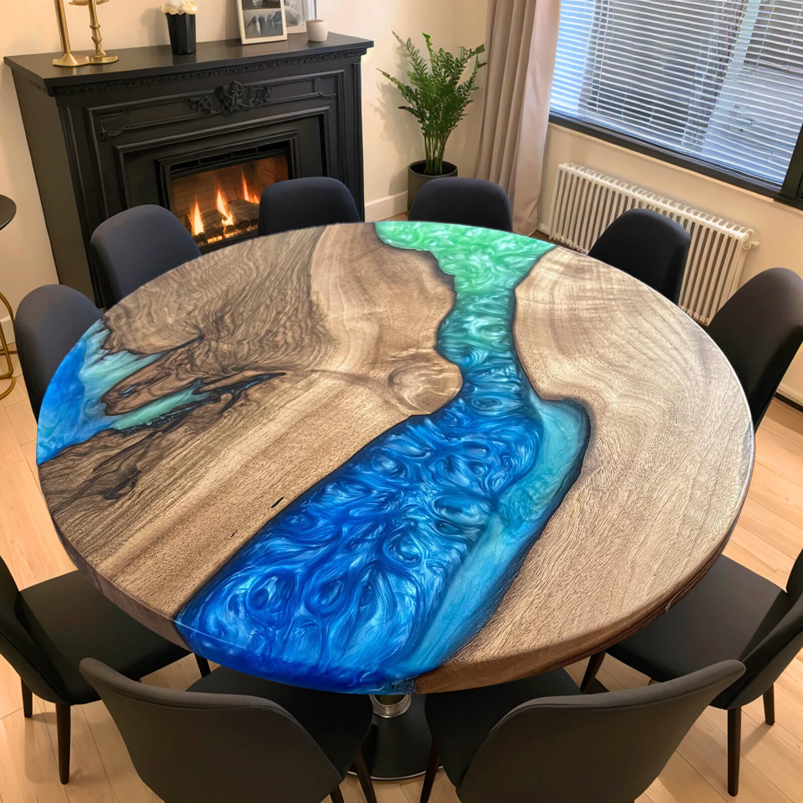 Custom Walnut Epoxy Resin Round Coffee Table Green&Blue Resin