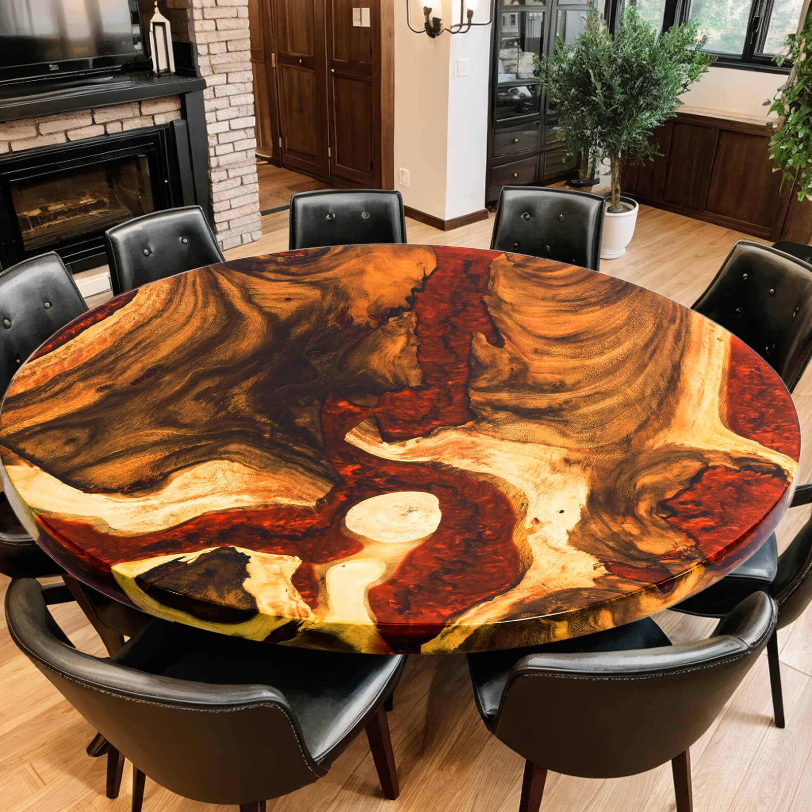 Custom Walnut Epoxy Resin Round Coffee Table Red Resin