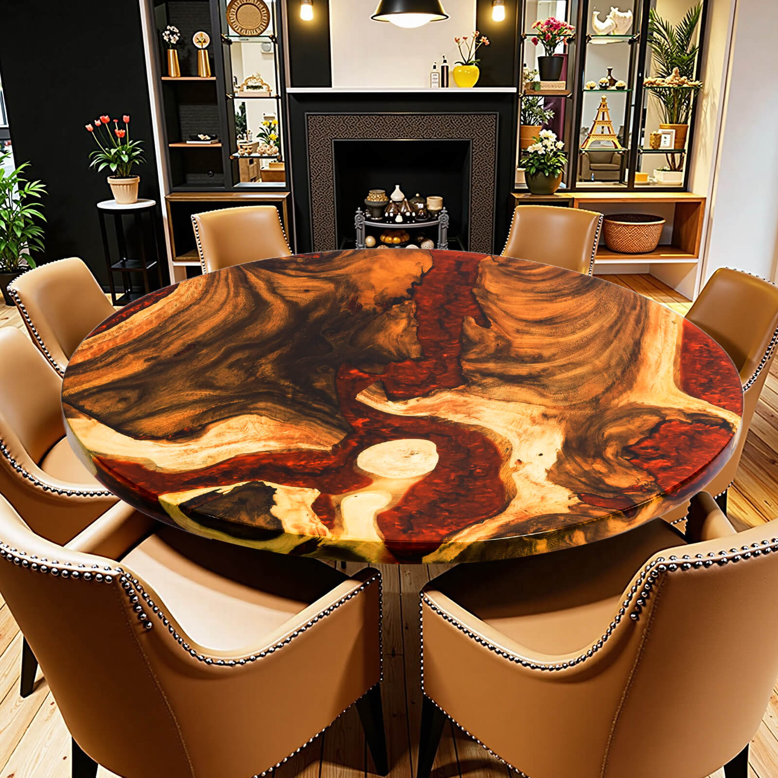 Custom Walnut Epoxy Resin Round Coffee Table Red Resin