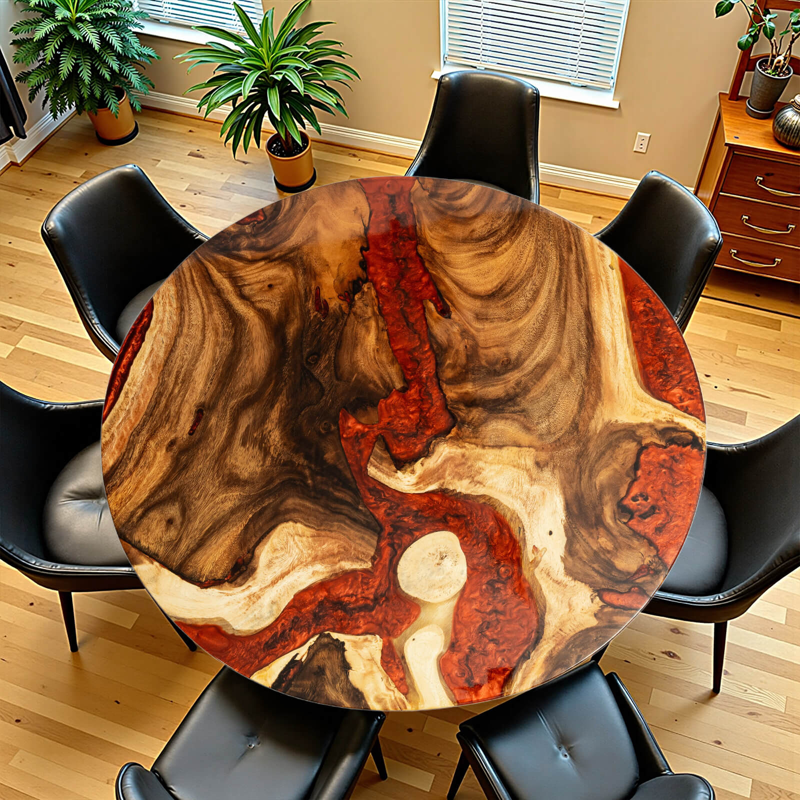 Custom Walnut Epoxy Resin Round Coffee Table Red Resin