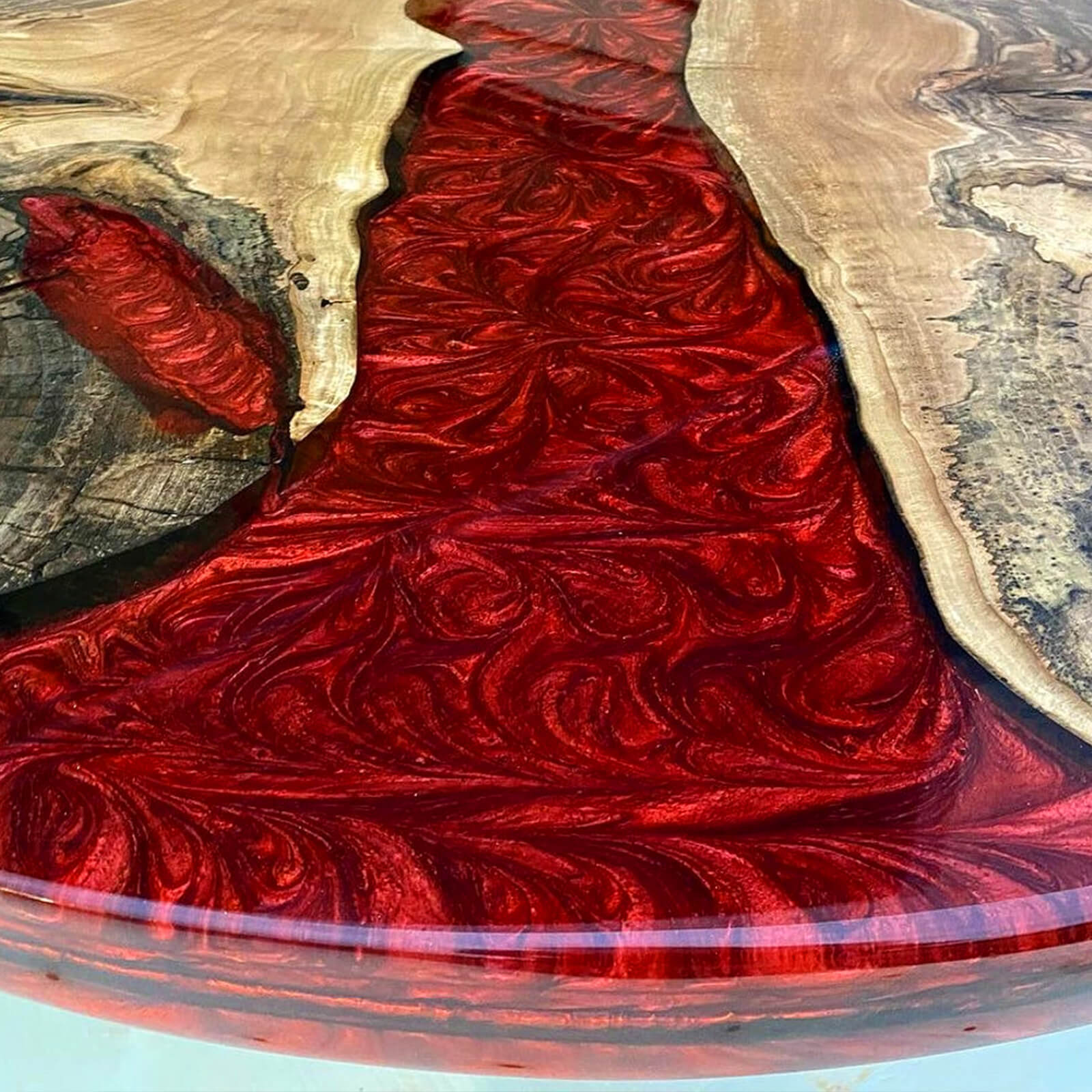 Custom Walnut Epoxy Resin Round Coffee Table Red Resin