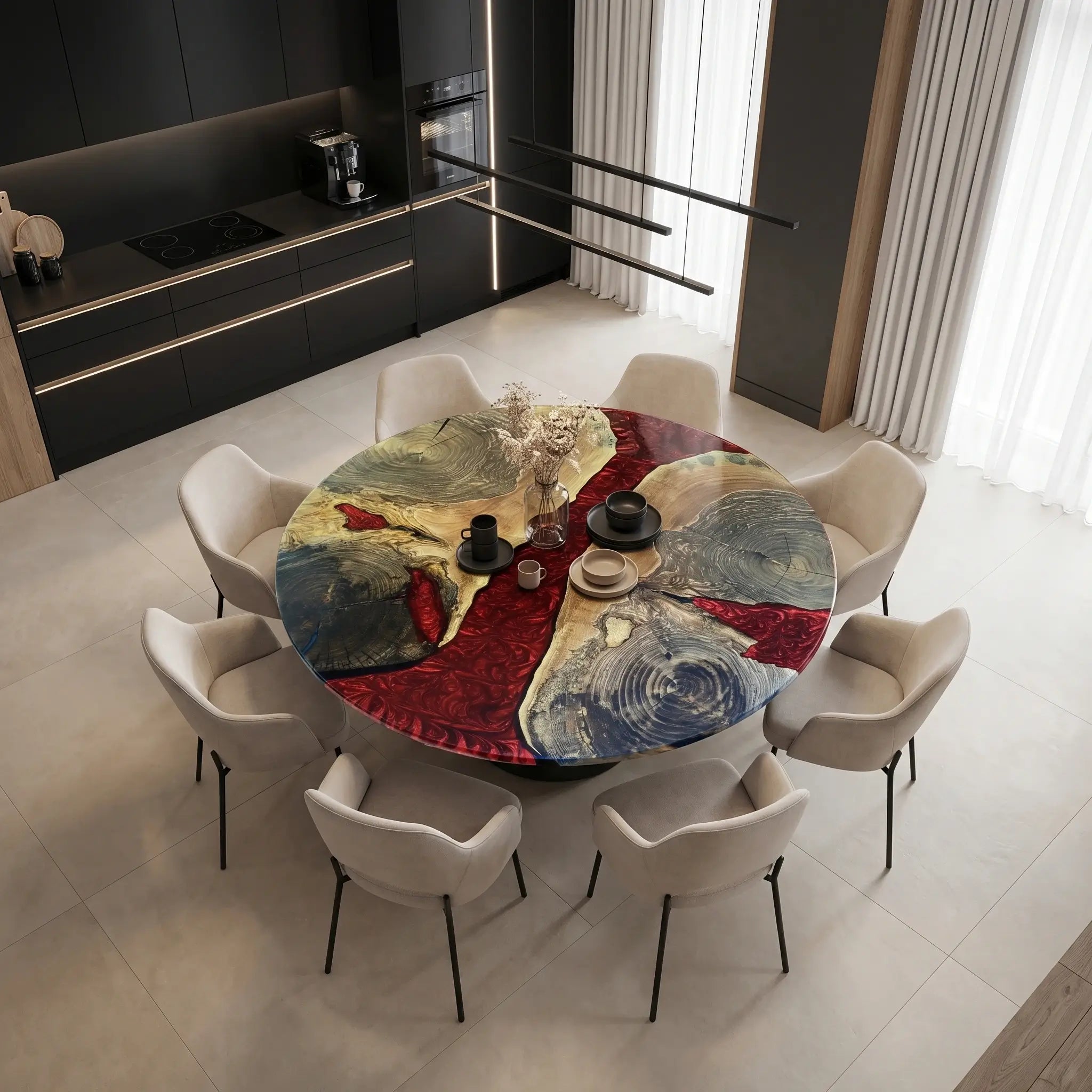 Custom Walnut Epoxy Resin Round Coffee Table Red Resin