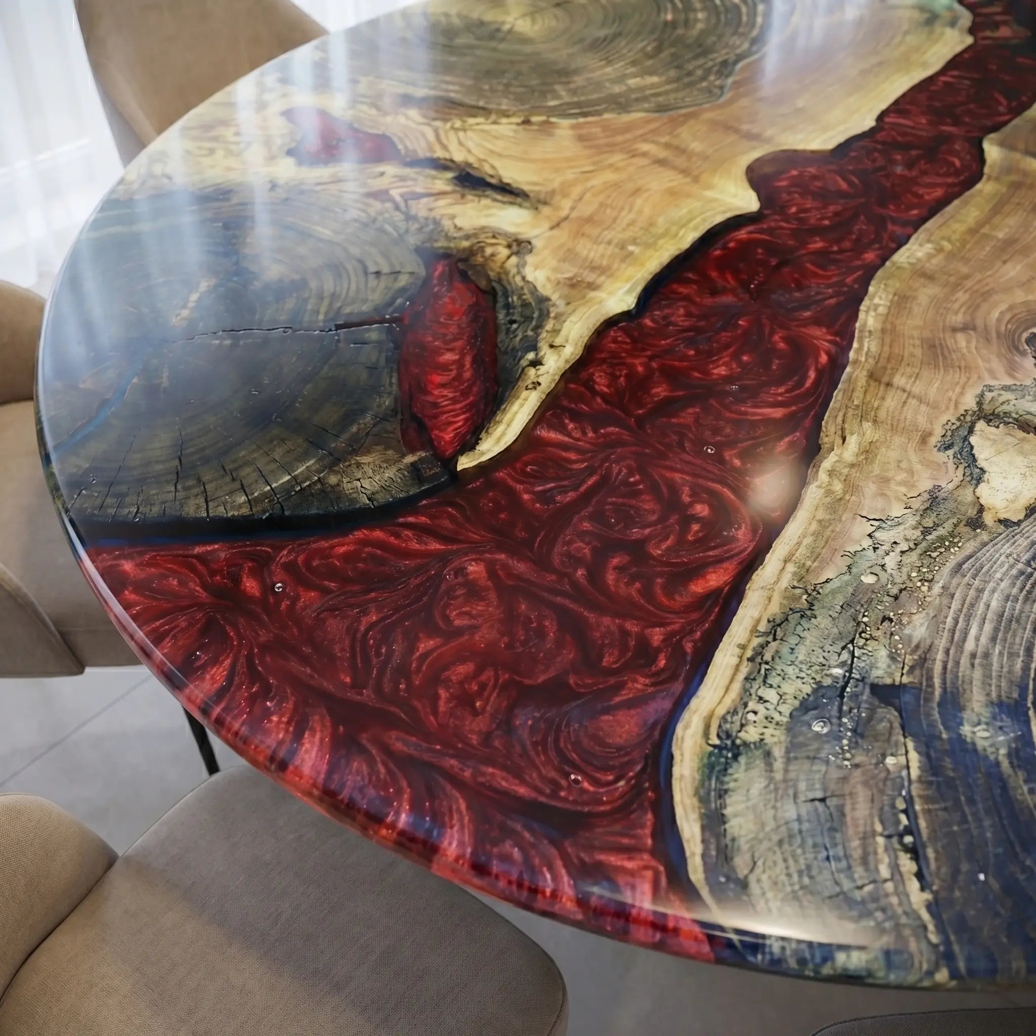 Custom Walnut Epoxy Resin Round Coffee Table Red Resin