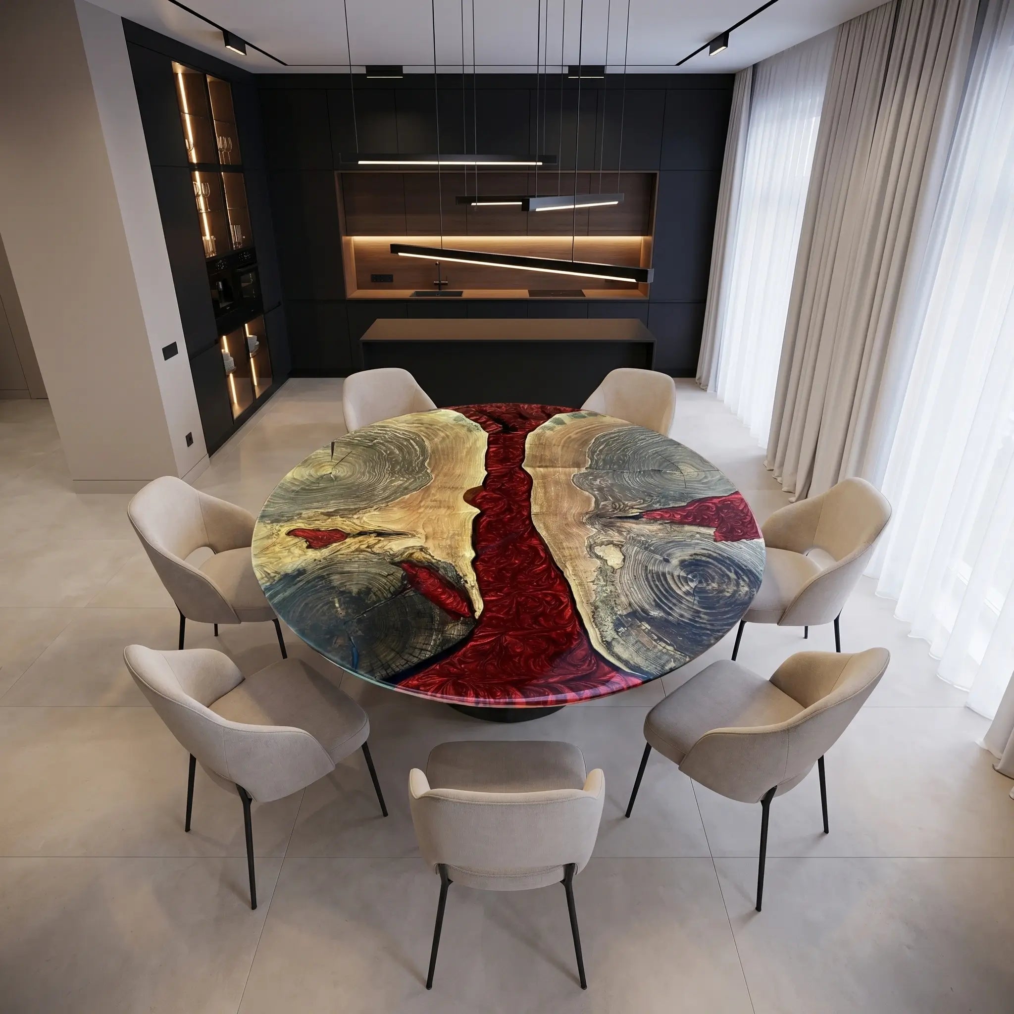 Custom Walnut Epoxy Resin Round Coffee Table Red Resin