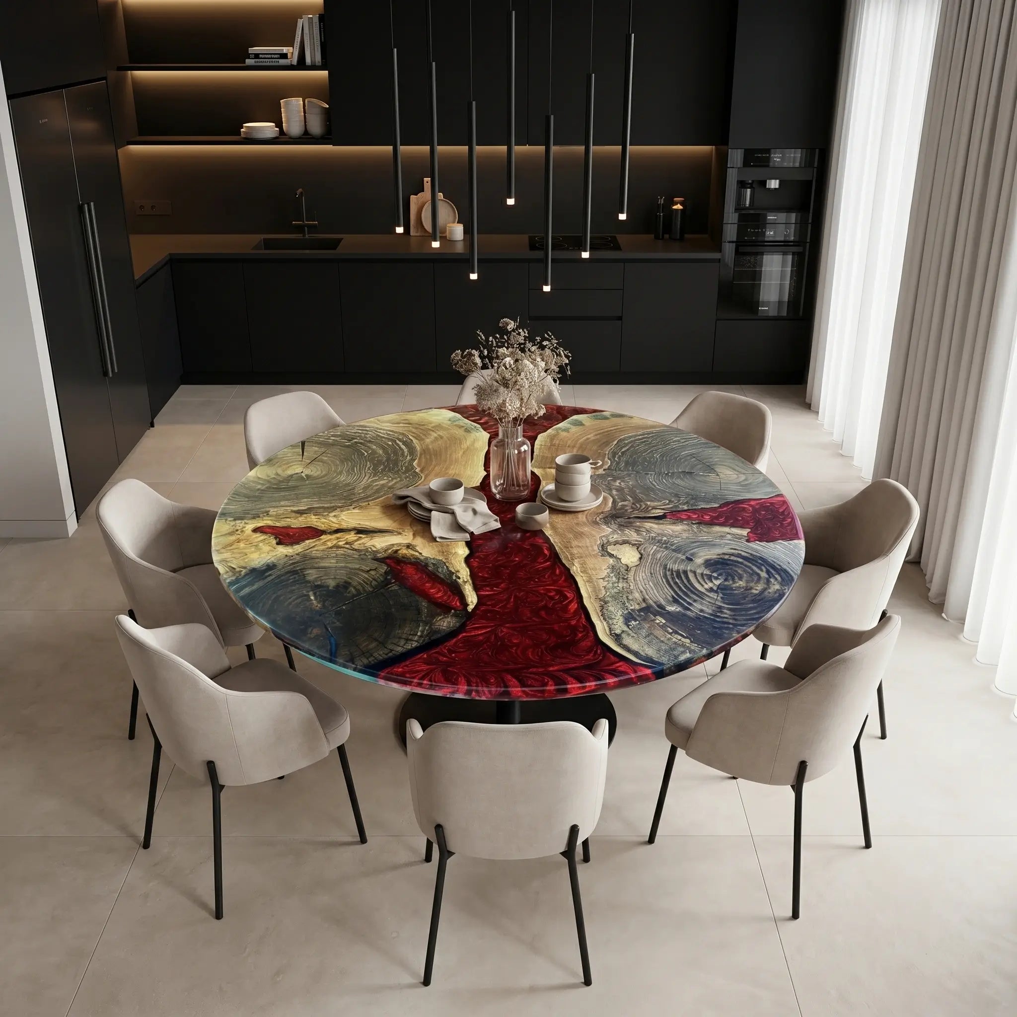 Custom Walnut Epoxy Resin Round Coffee Table Red Resin