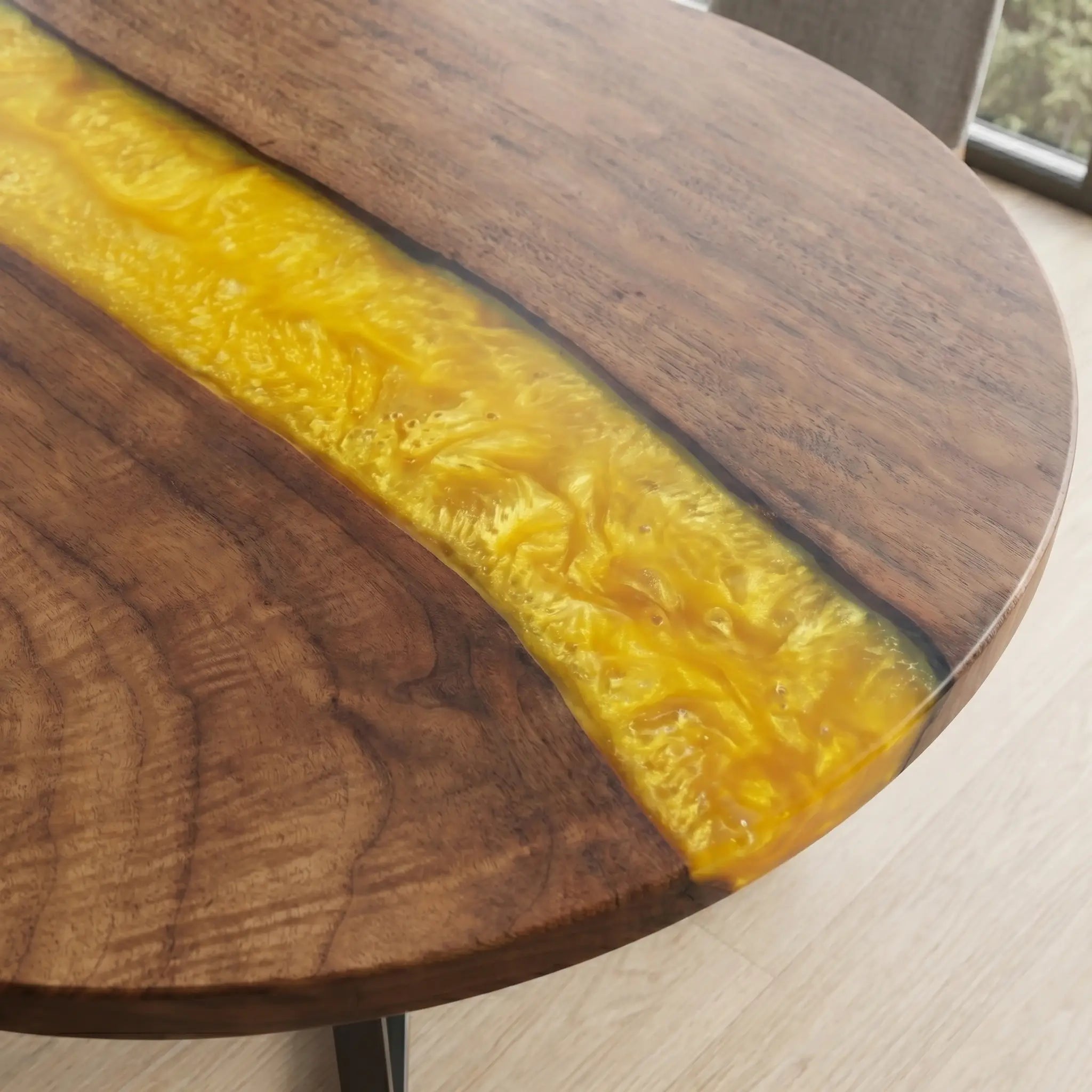 Custom Walnut Epoxy Resin Round Coffee Table Yellow Resin