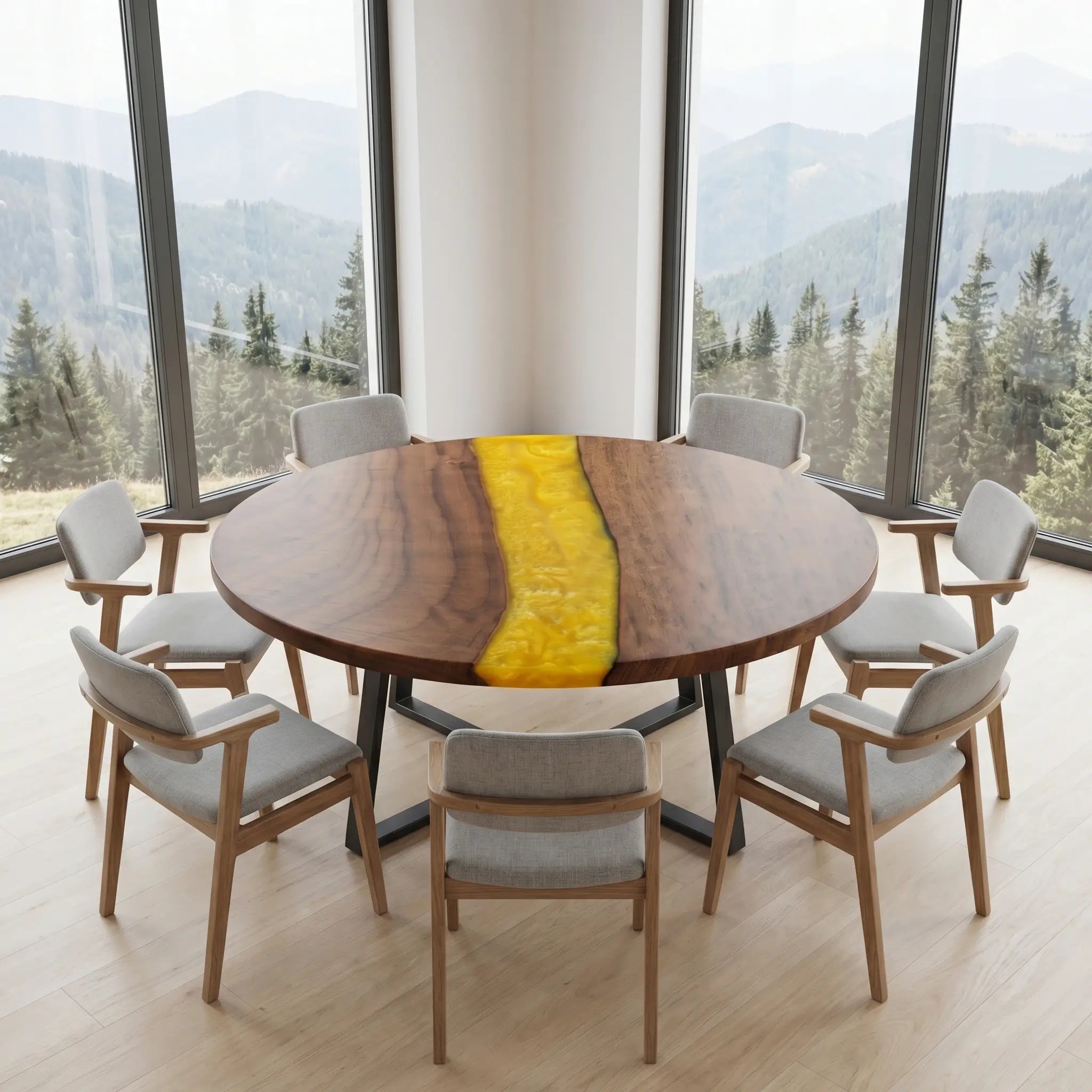 Custom Walnut Epoxy Resin Round Coffee Table Yellow Resin