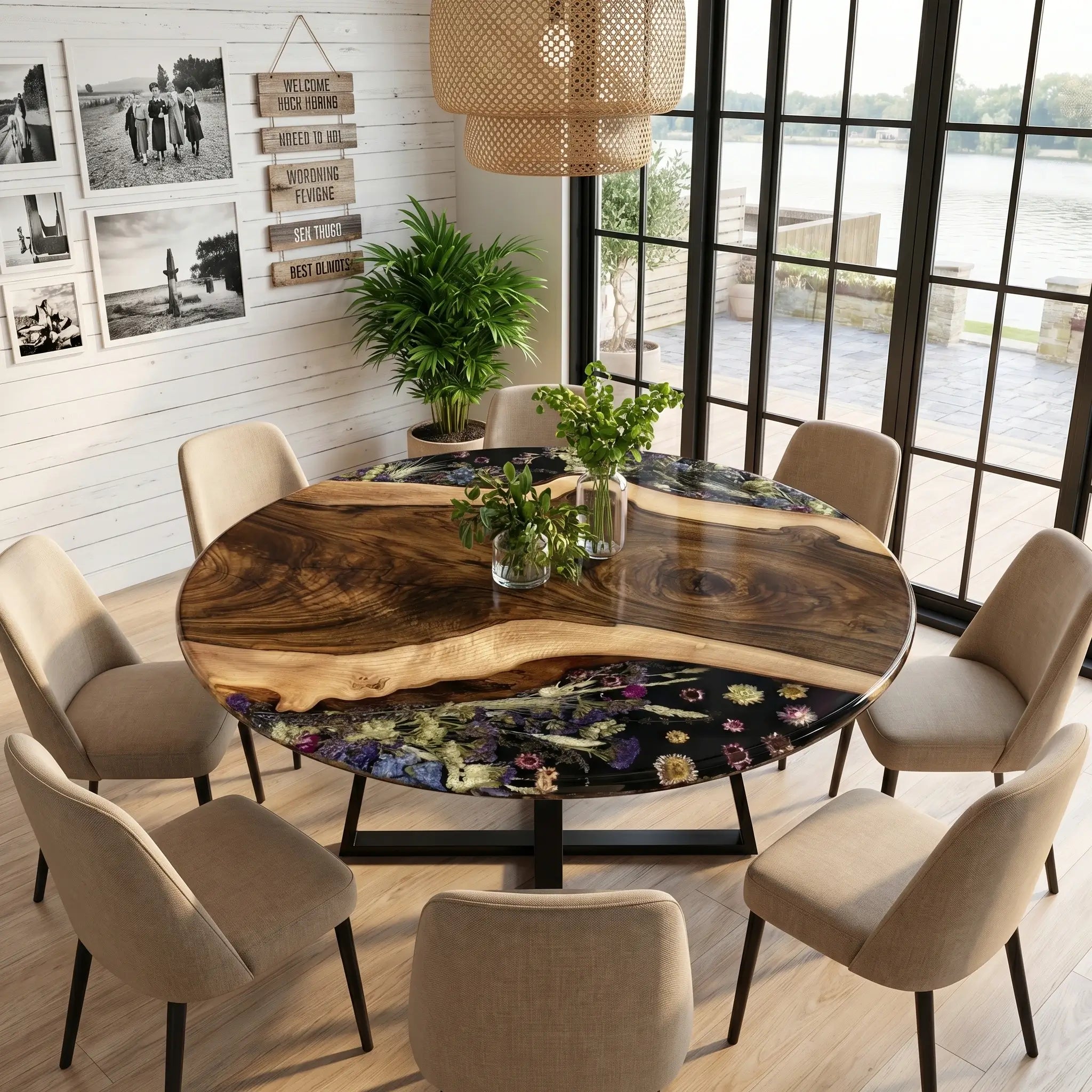 Custom Walnut Epoxy Resin Round Flower Coffee Table Black Resin