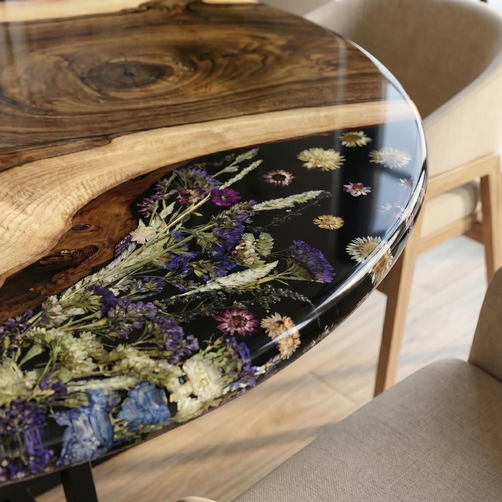Custom Walnut Epoxy Resin Round Flower Coffee Table Black Resin