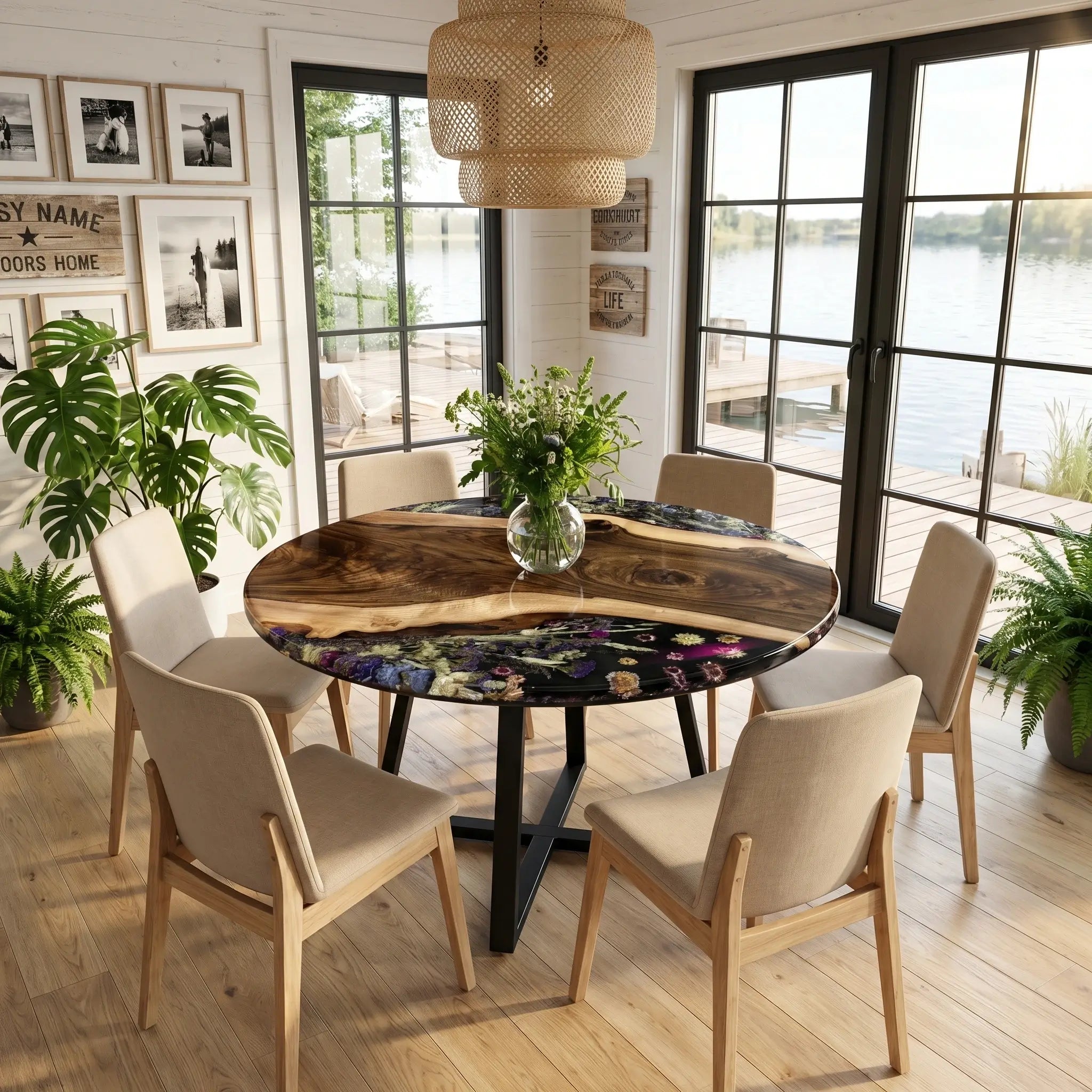 Custom Walnut Epoxy Resin Round Flower Coffee Table Black Resin