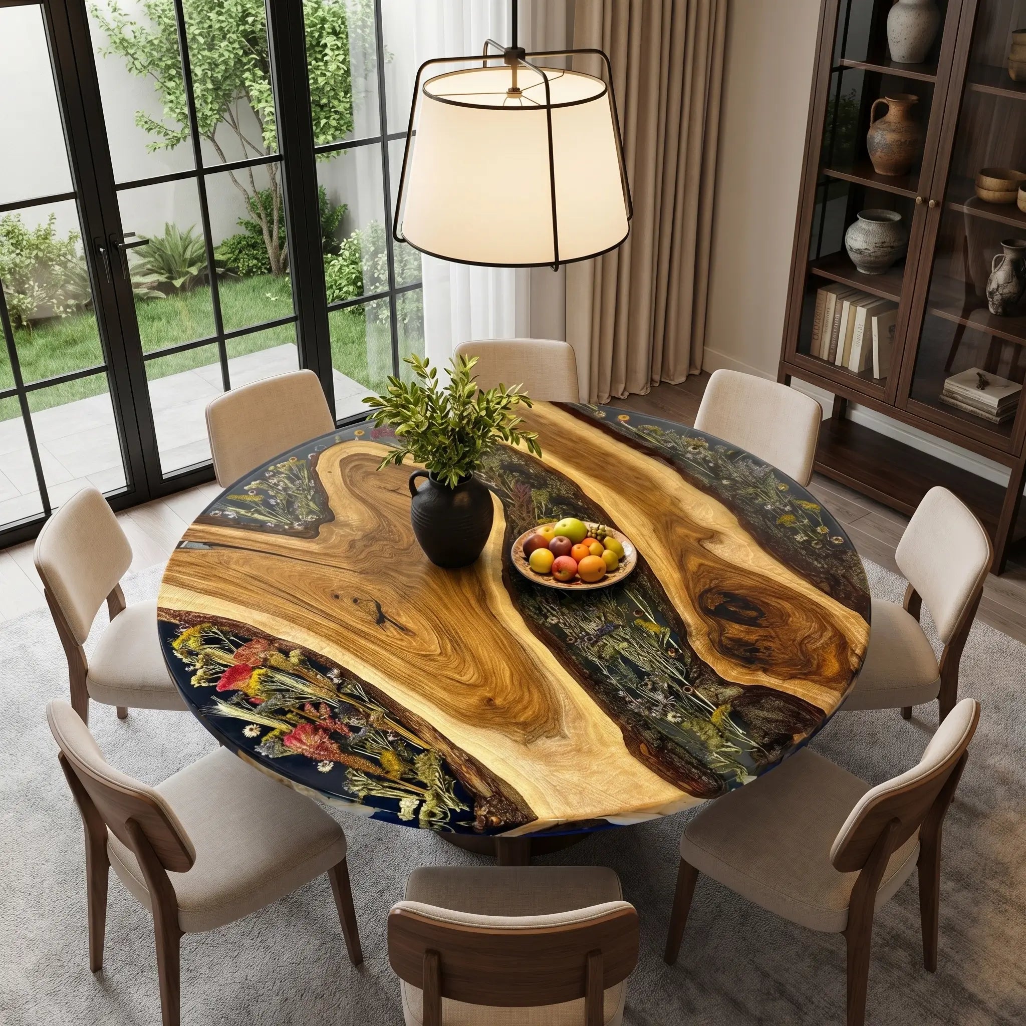 Custom Walnut Epoxy Resin Round Flower Coffee Table Black Resin