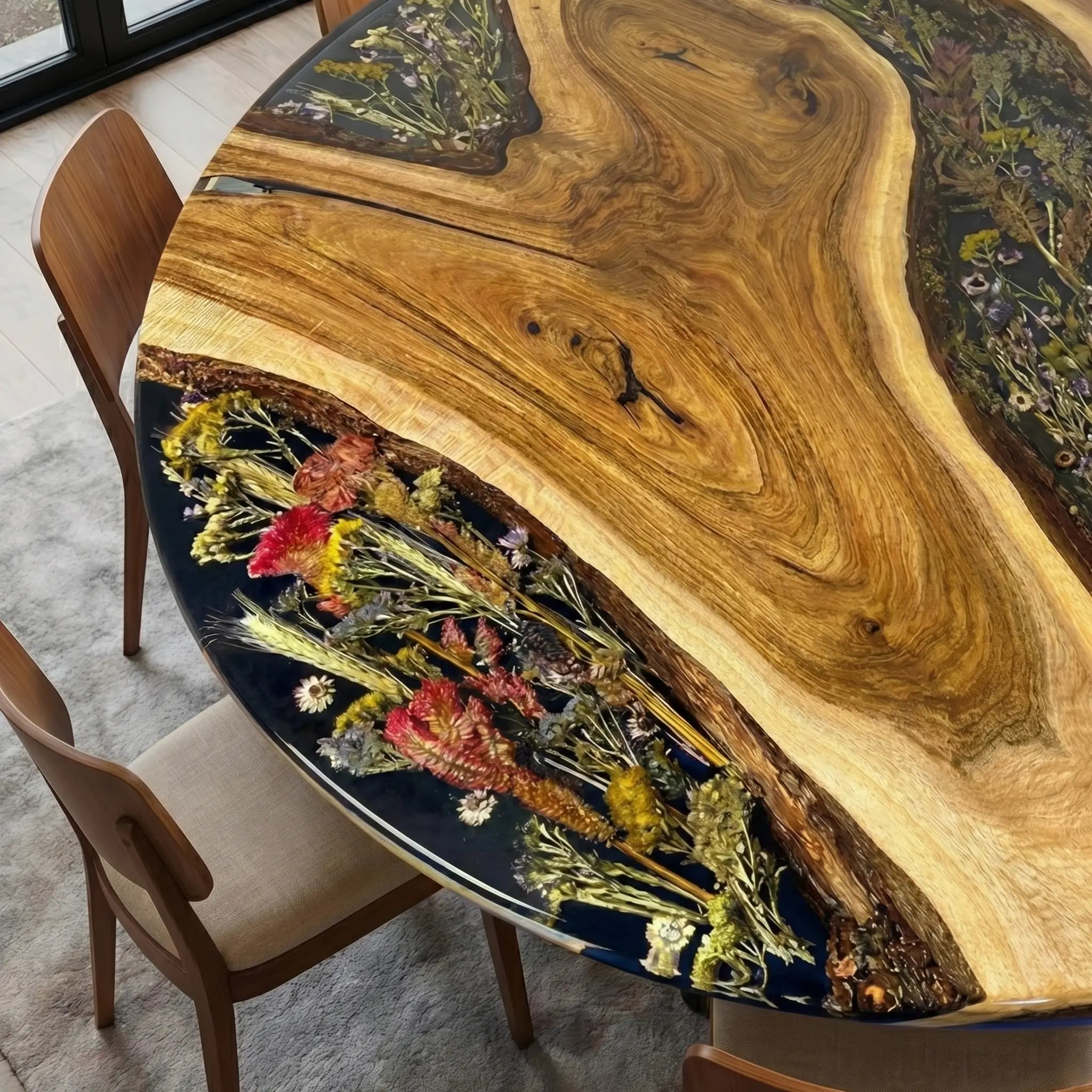 Custom Walnut Epoxy Resin Round Flower Coffee Table Black Resin