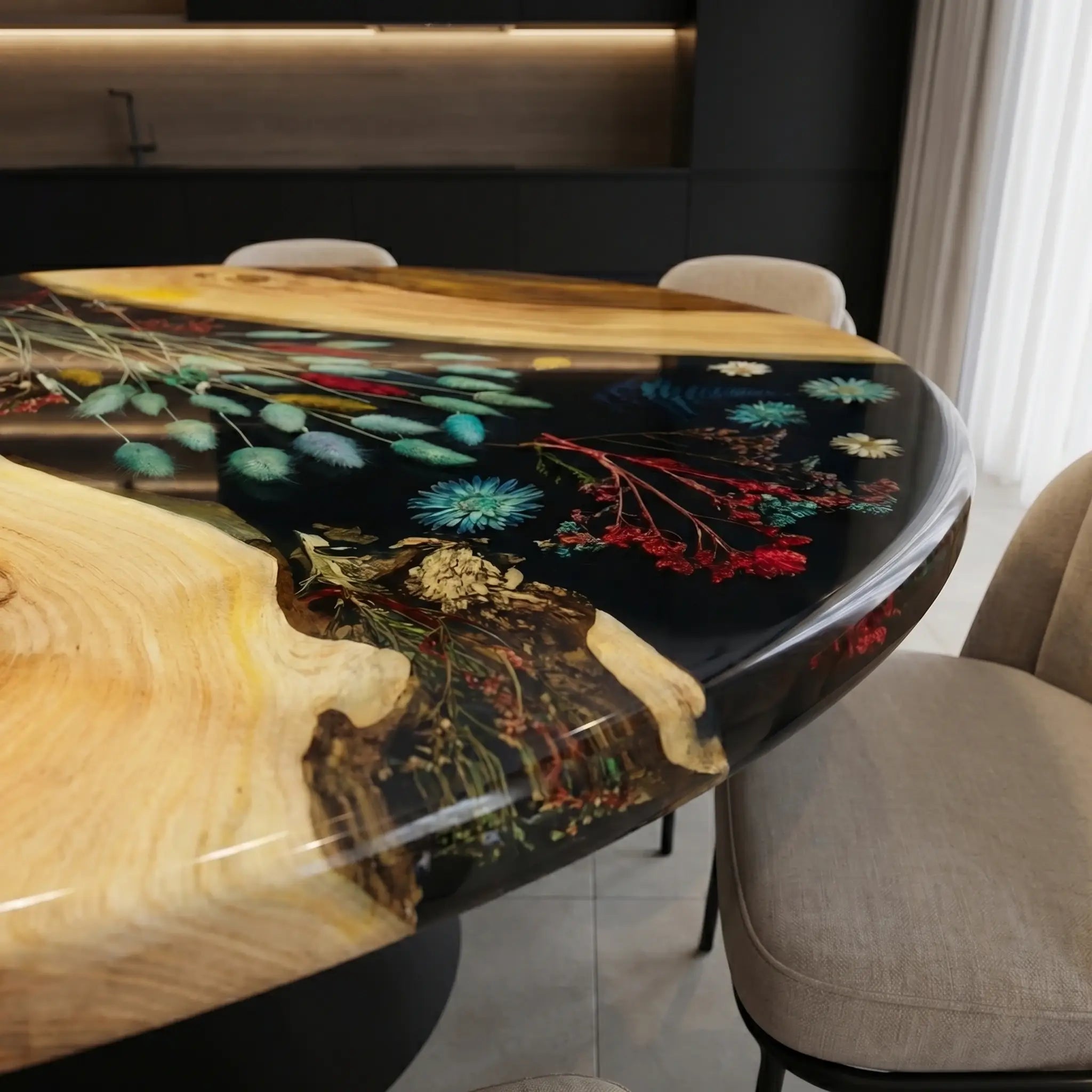 Custom Walnut Epoxy Resin Round Flower Coffee Table Black Resin