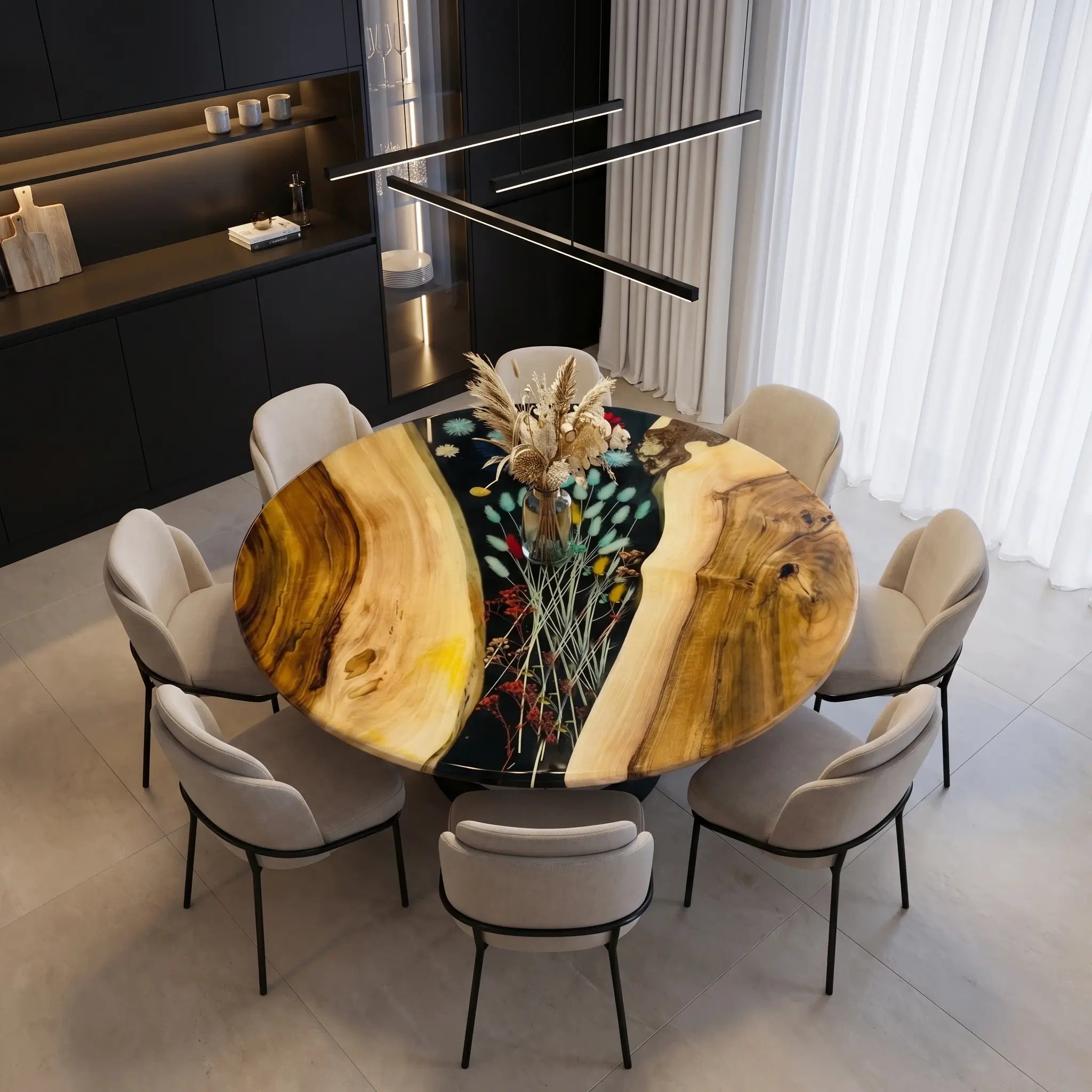 Custom Walnut Epoxy Resin Round Flower Coffee Table Black Resin