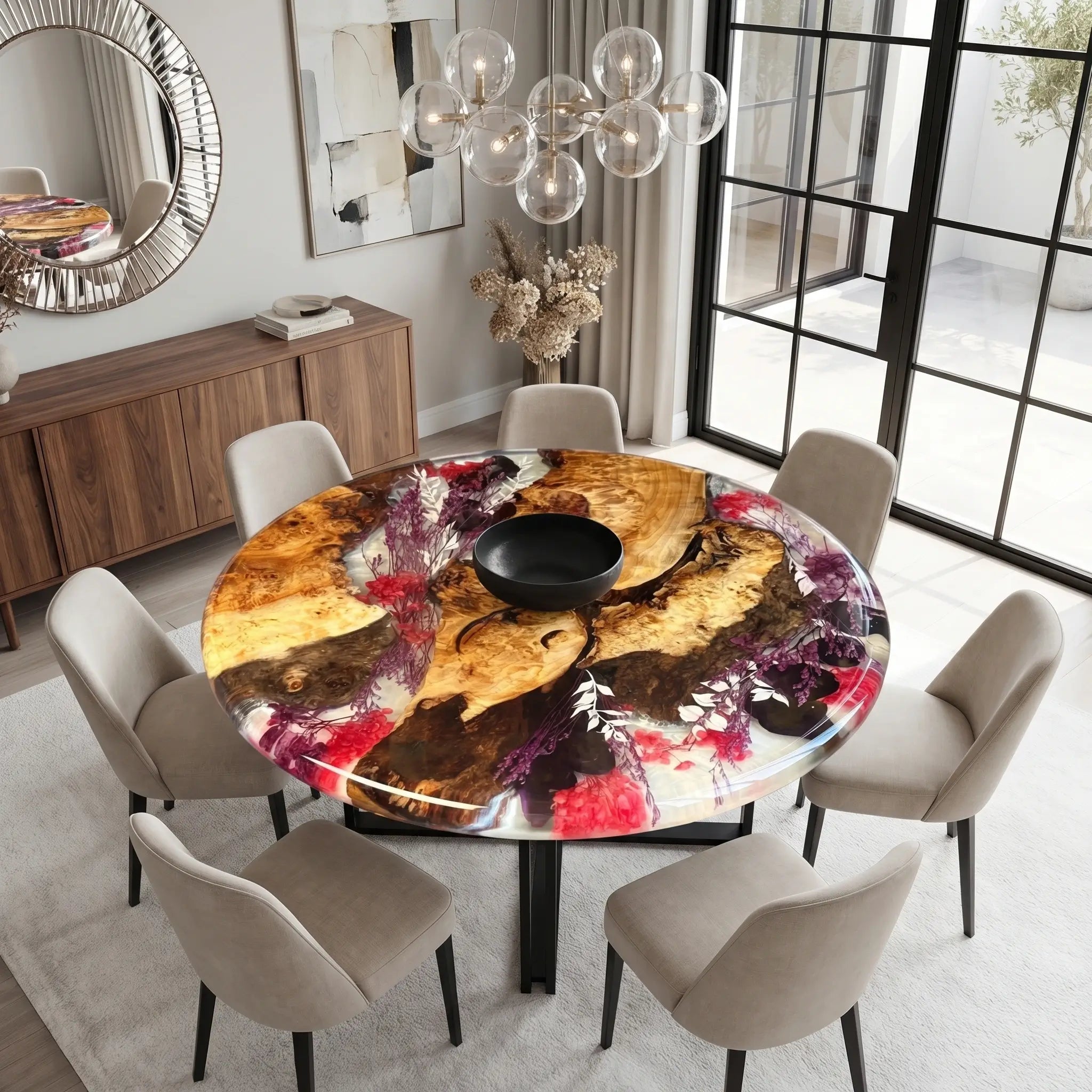 Custom Walnut Epoxy Resin Round Flower Coffee Table Clear Resin