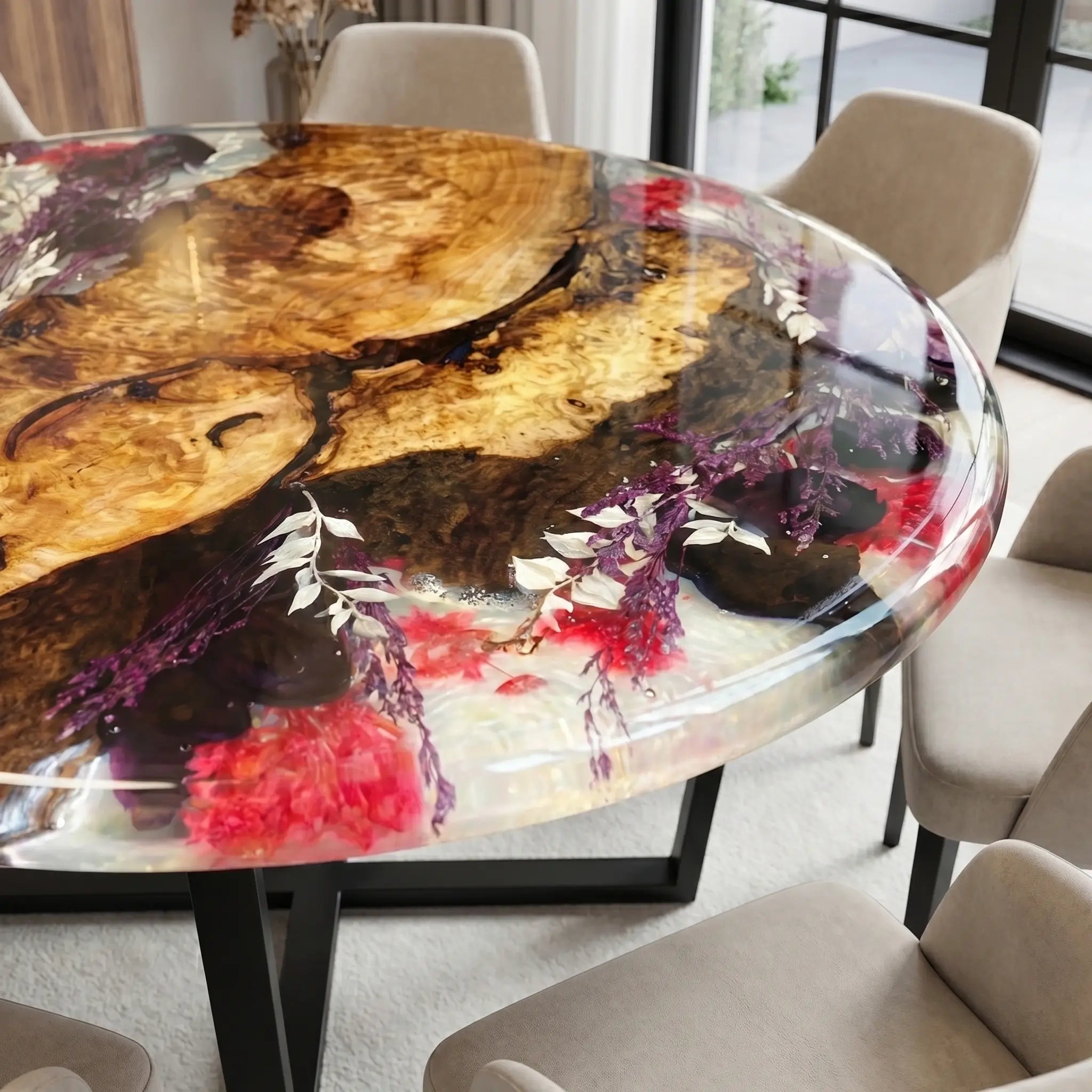 Custom Walnut Epoxy Resin Round Flower Coffee Table Clear Resin