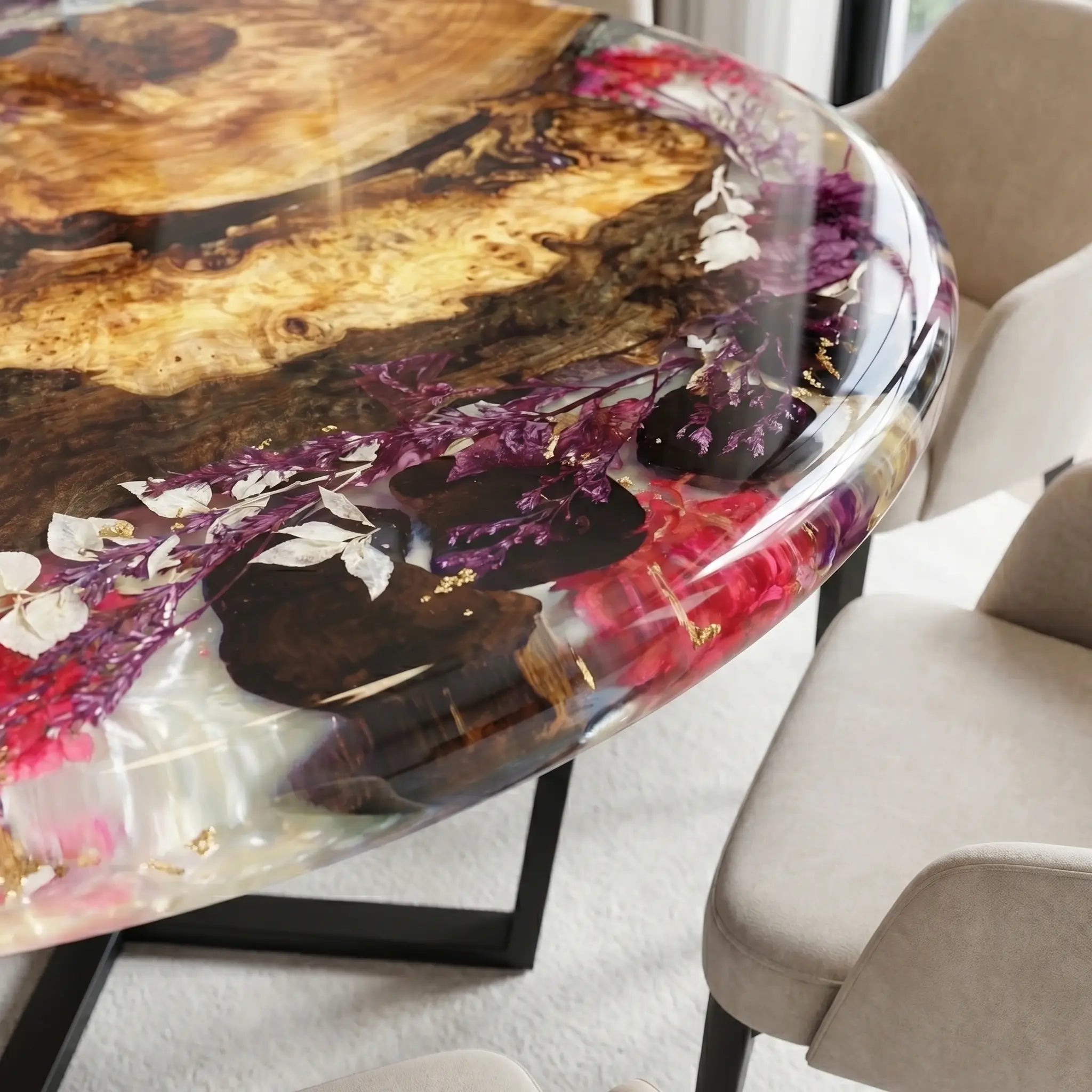 Custom Walnut Epoxy Resin Round Flower Coffee Table Clear Resin