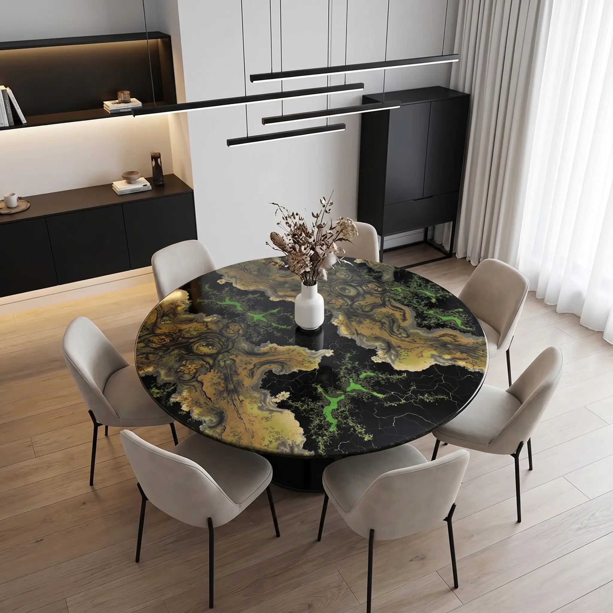 Custom Walnut Epoxy Resin Round Flower Coffee Table Green Resin