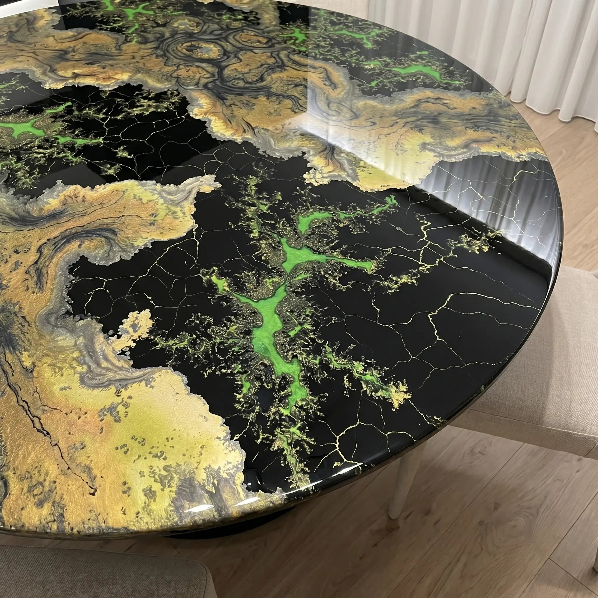 Custom Walnut Epoxy Resin Round Flower Coffee Table Green Resin