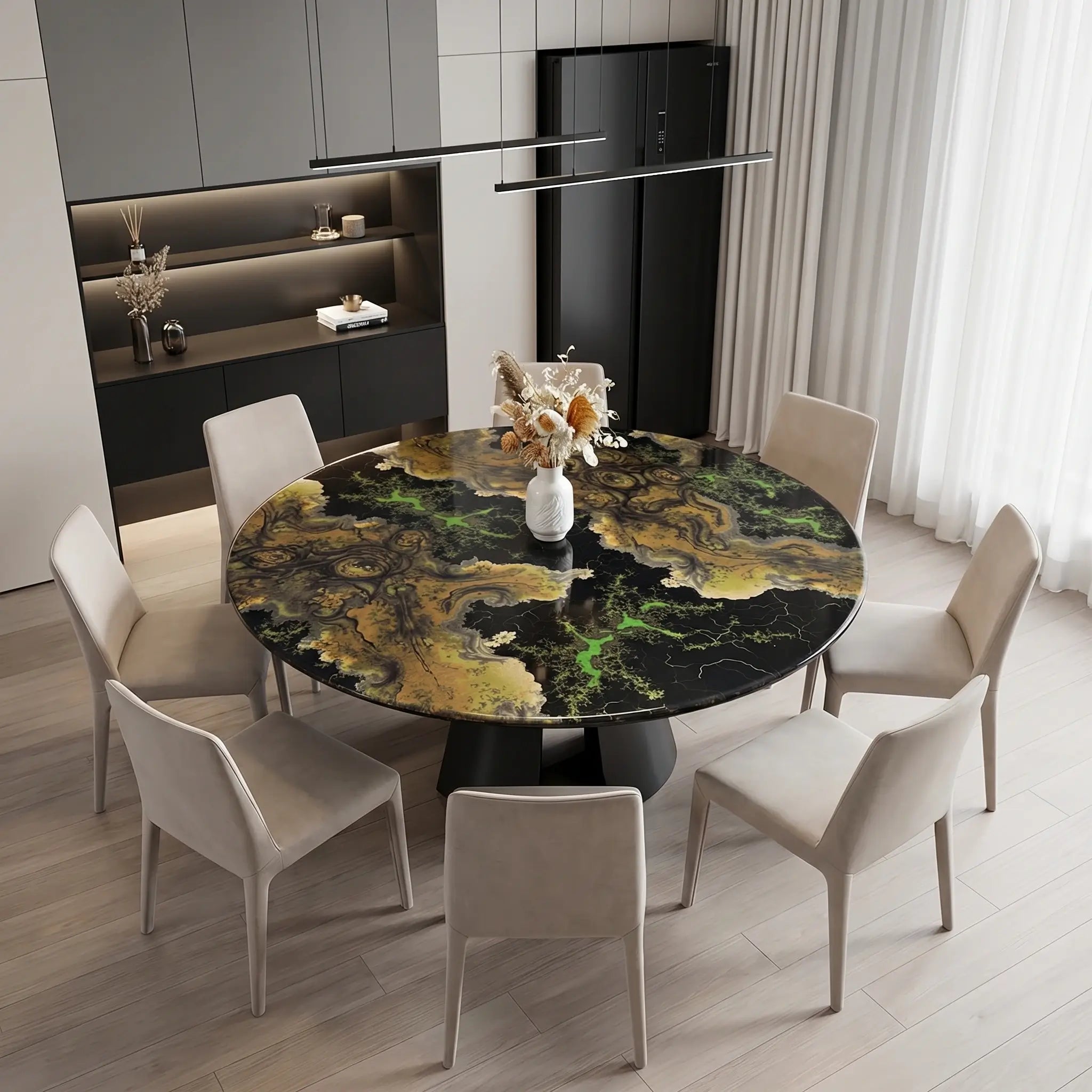 Custom Walnut Epoxy Resin Round Flower Coffee Table Green Resin