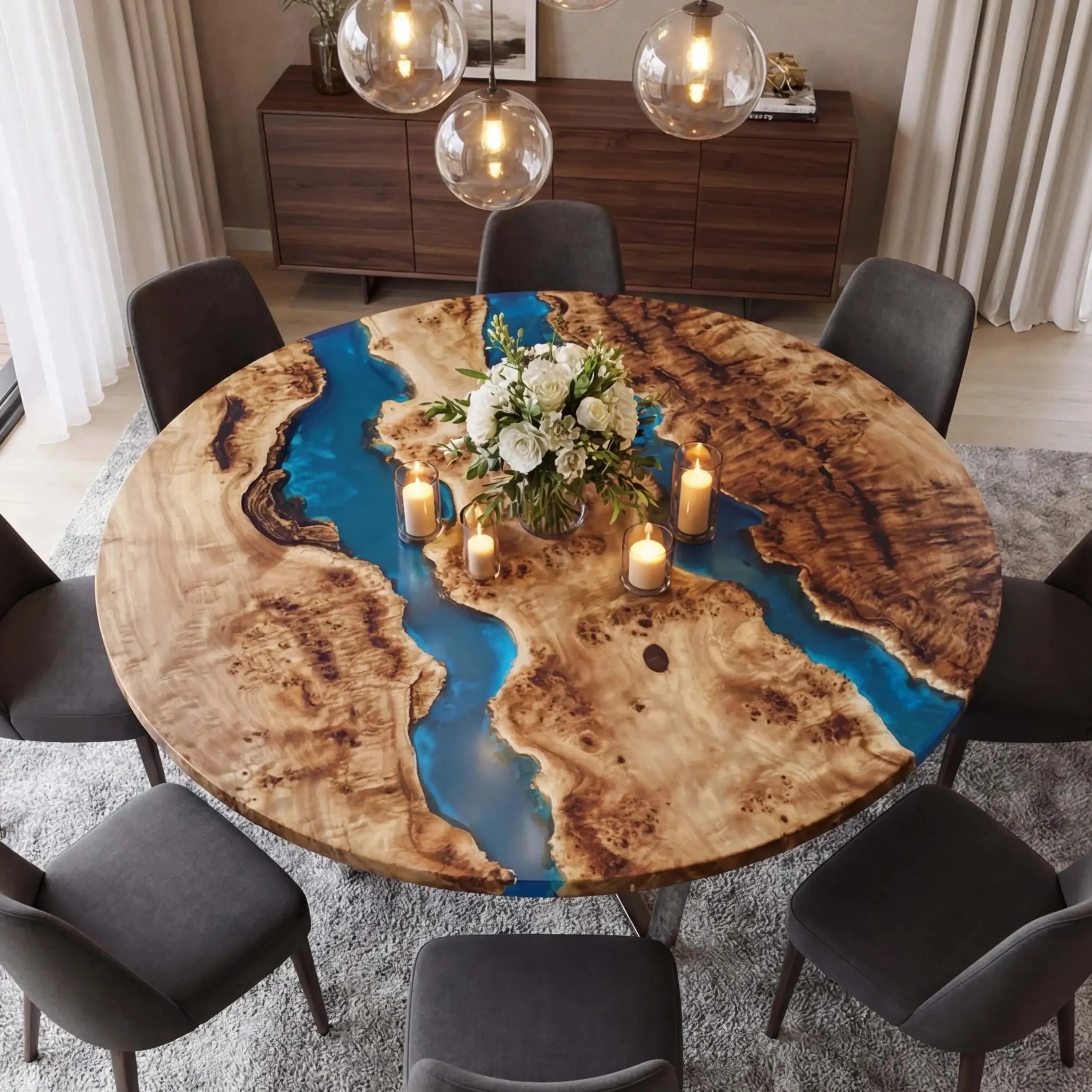 Custom Poplar Epoxy Resin Round Coffee Table Blue Resin