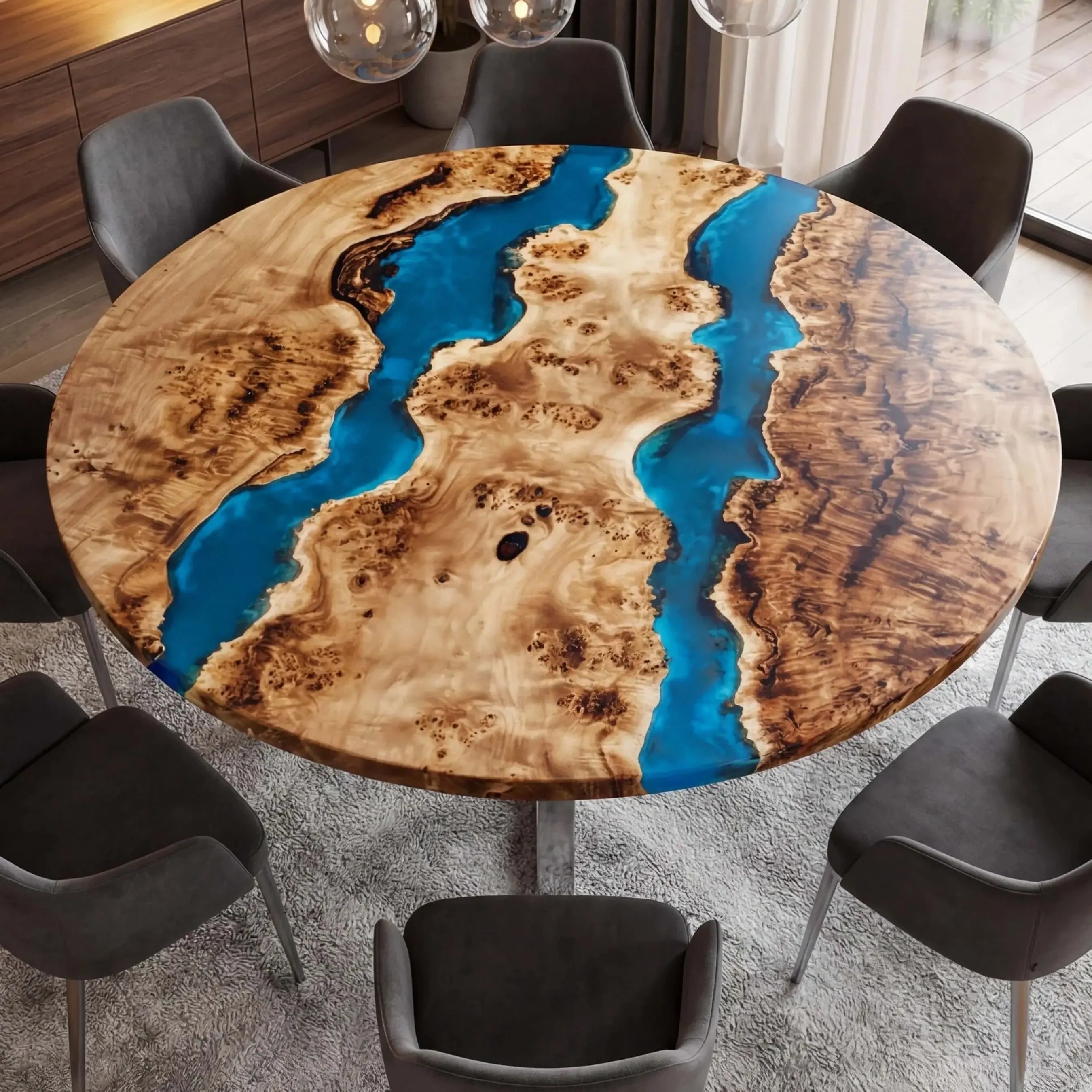 Custom Poplar Epoxy Resin Round Coffee Table Blue Resin