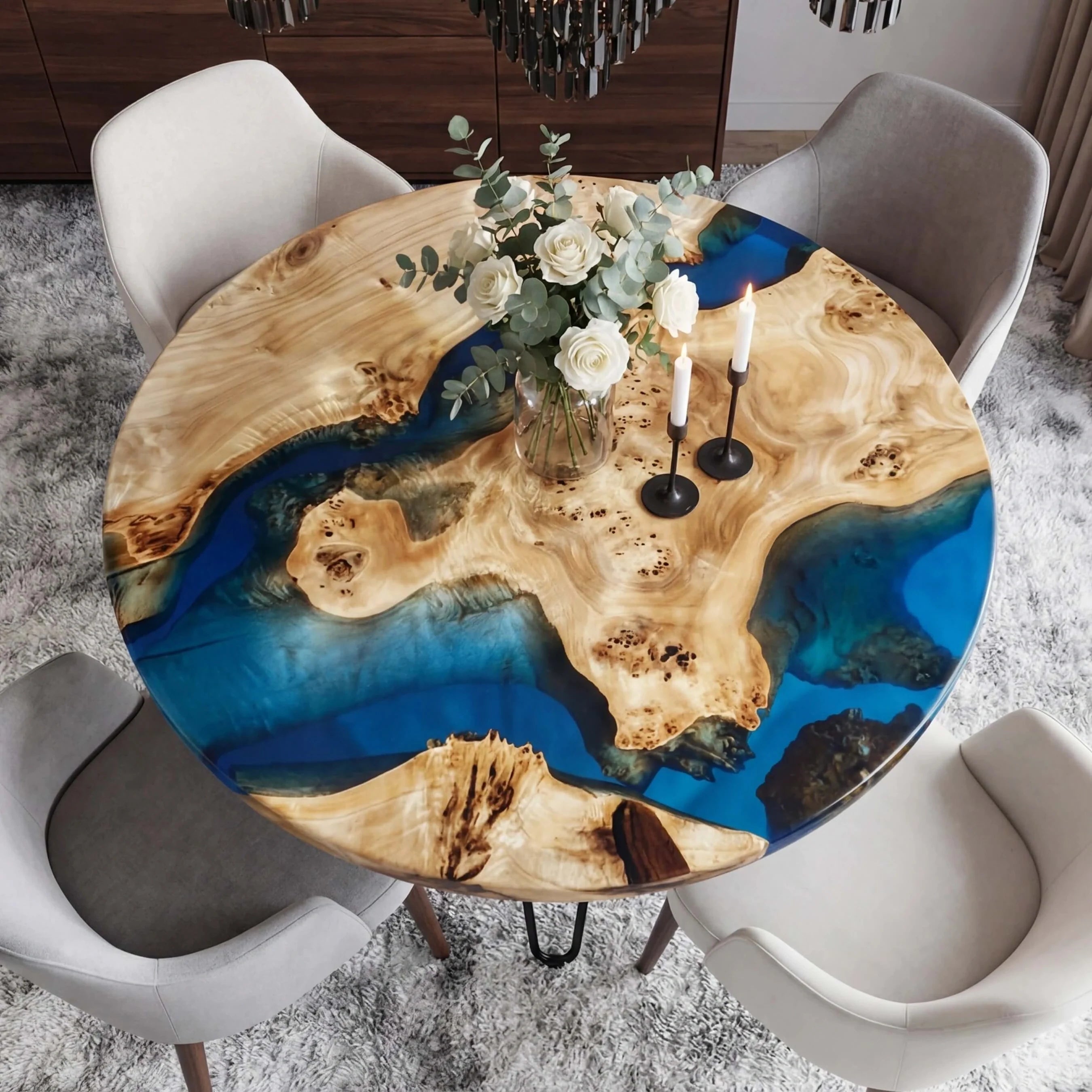 Custom Poplar Epoxy Resin Round Coffee Table Blue Resin