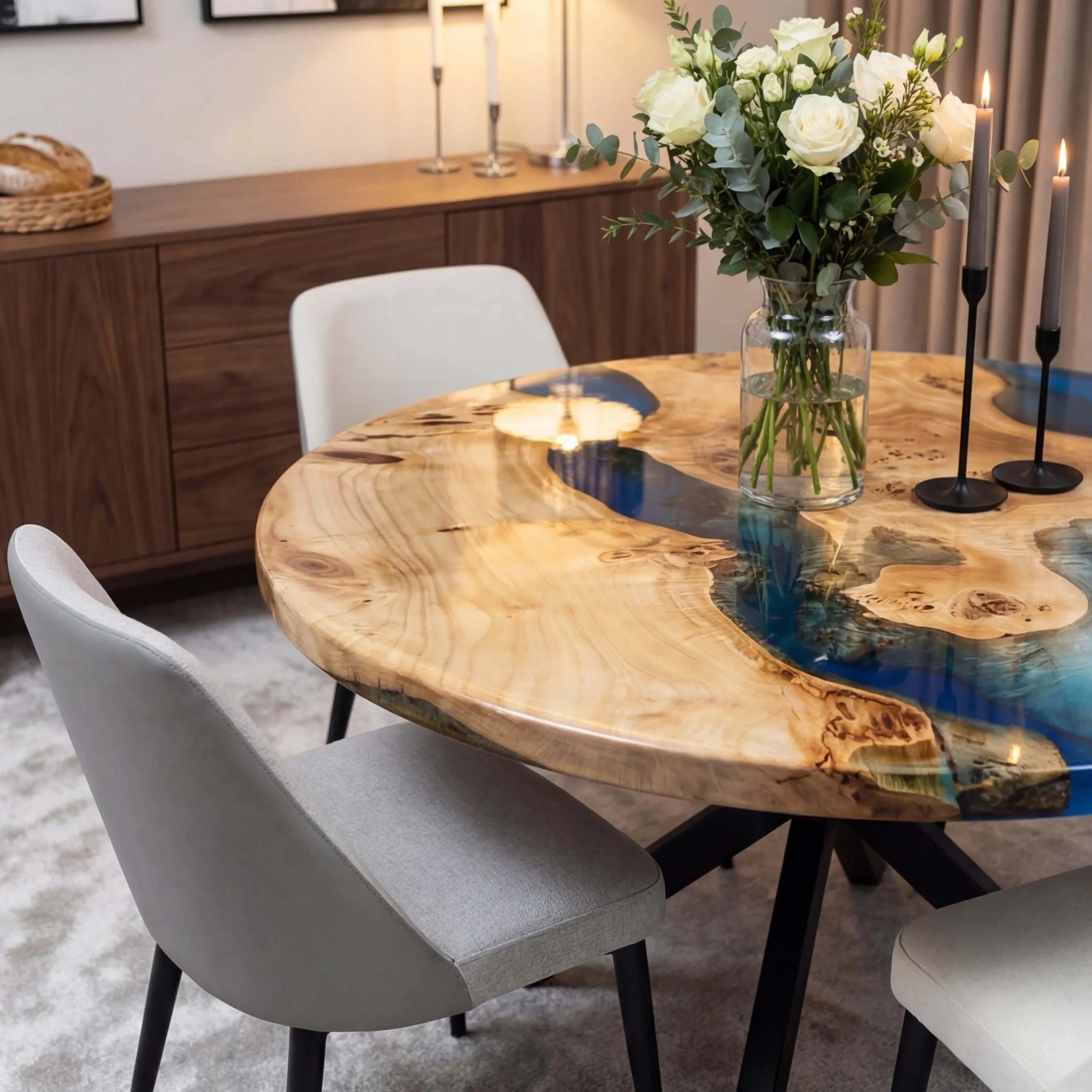 Custom Poplar Epoxy Resin Round Coffee Table Blue Resin
