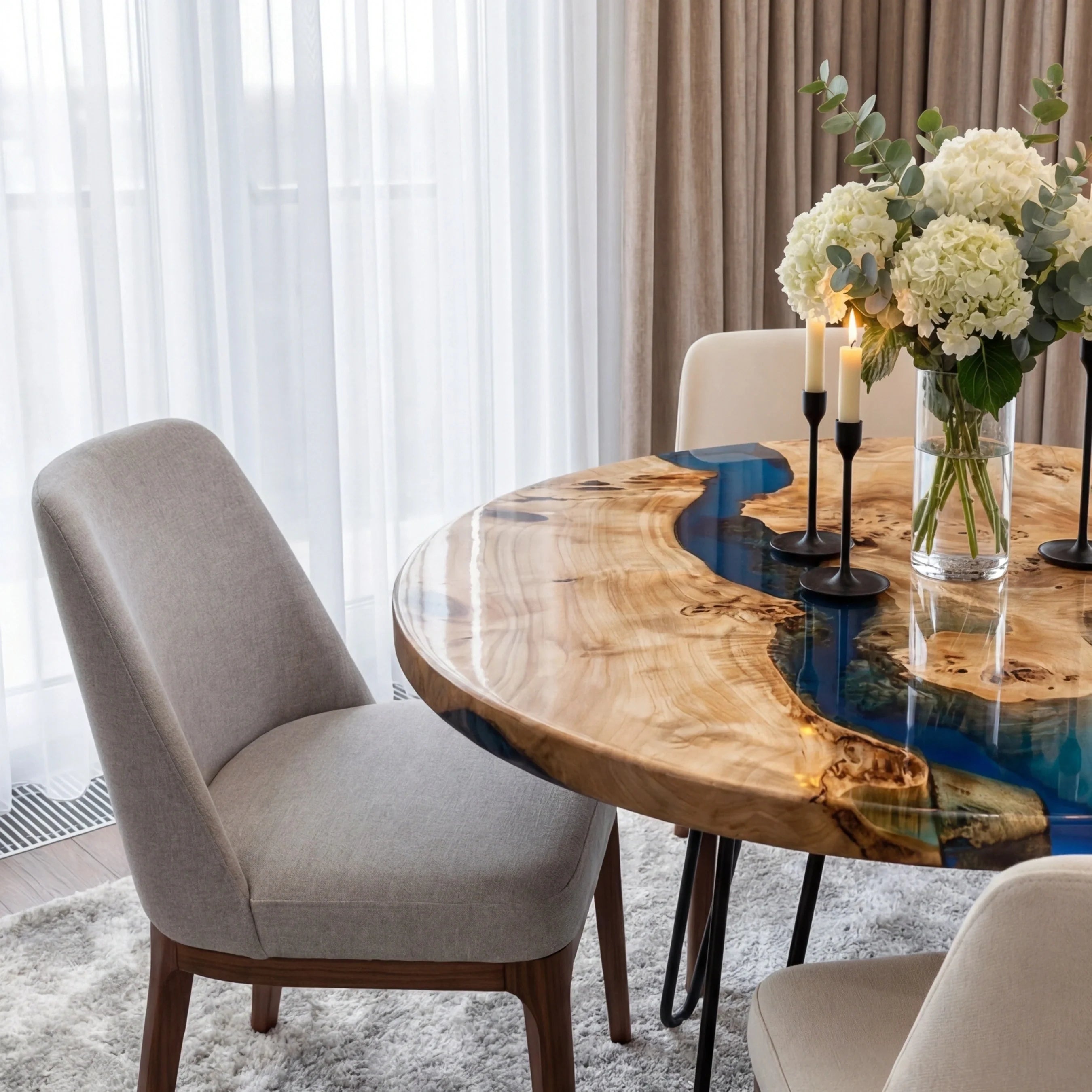 Custom Poplar Epoxy Resin Round Coffee Table Blue Resin