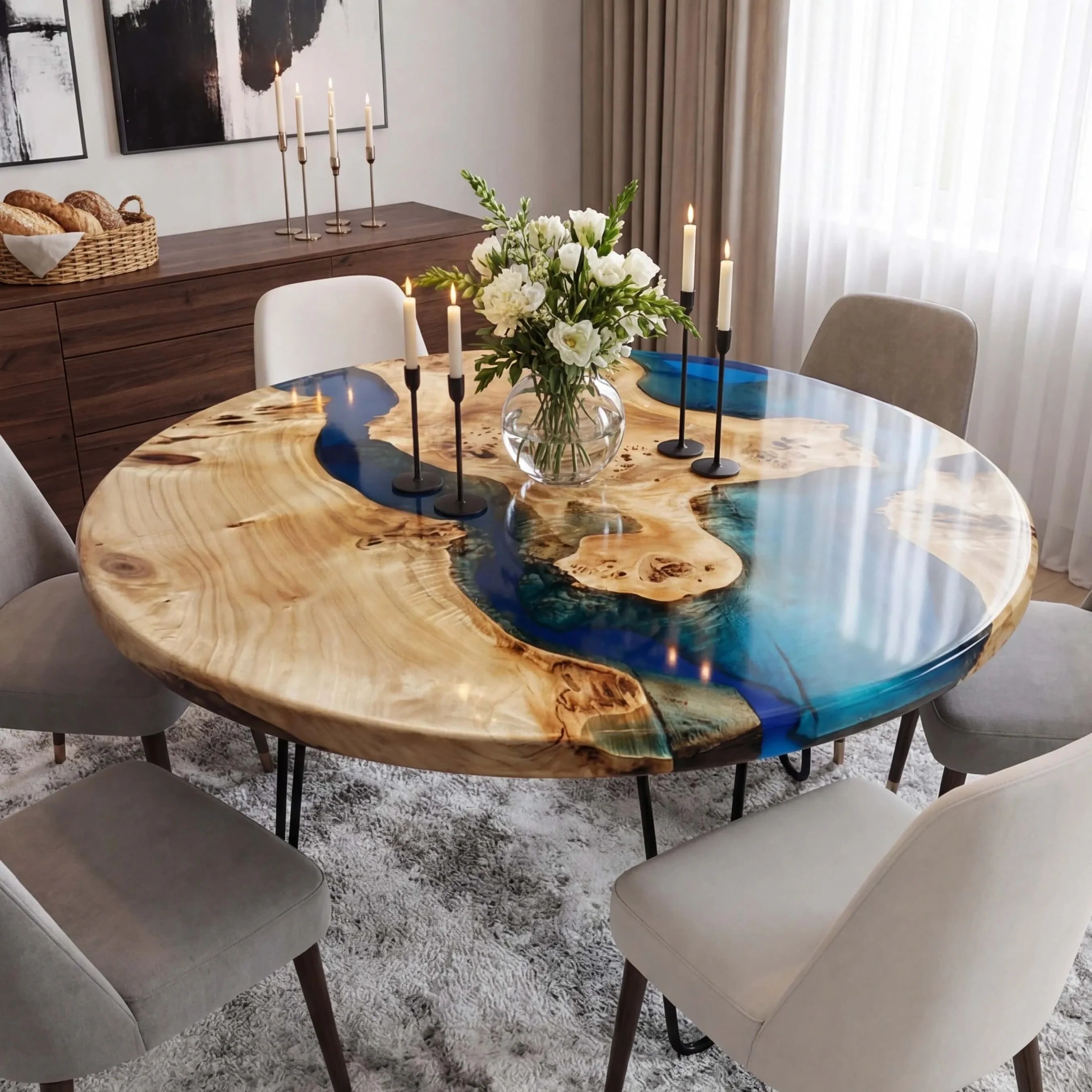 Custom Poplar Epoxy Resin Round Coffee Table Blue Resin